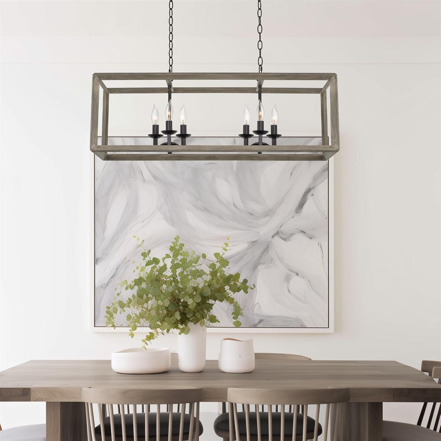 Kira Home Carlton 36" Farmhouse Kitchen Island Light, Rectangle Pendant Chandelier, Gray Oak Wood Style Metal Frame