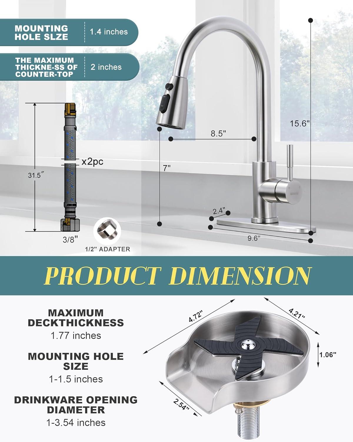 WOWOW Kitchen Faucet with Sprayer, Kitchen Sink Faucet, SUS 304 Stainless Steel, High Arc Single Handle Brushed Nickel Kitchen Faucets with Pull Down Sprayer, Pull Out Kitchen Faucet with Deck Plate