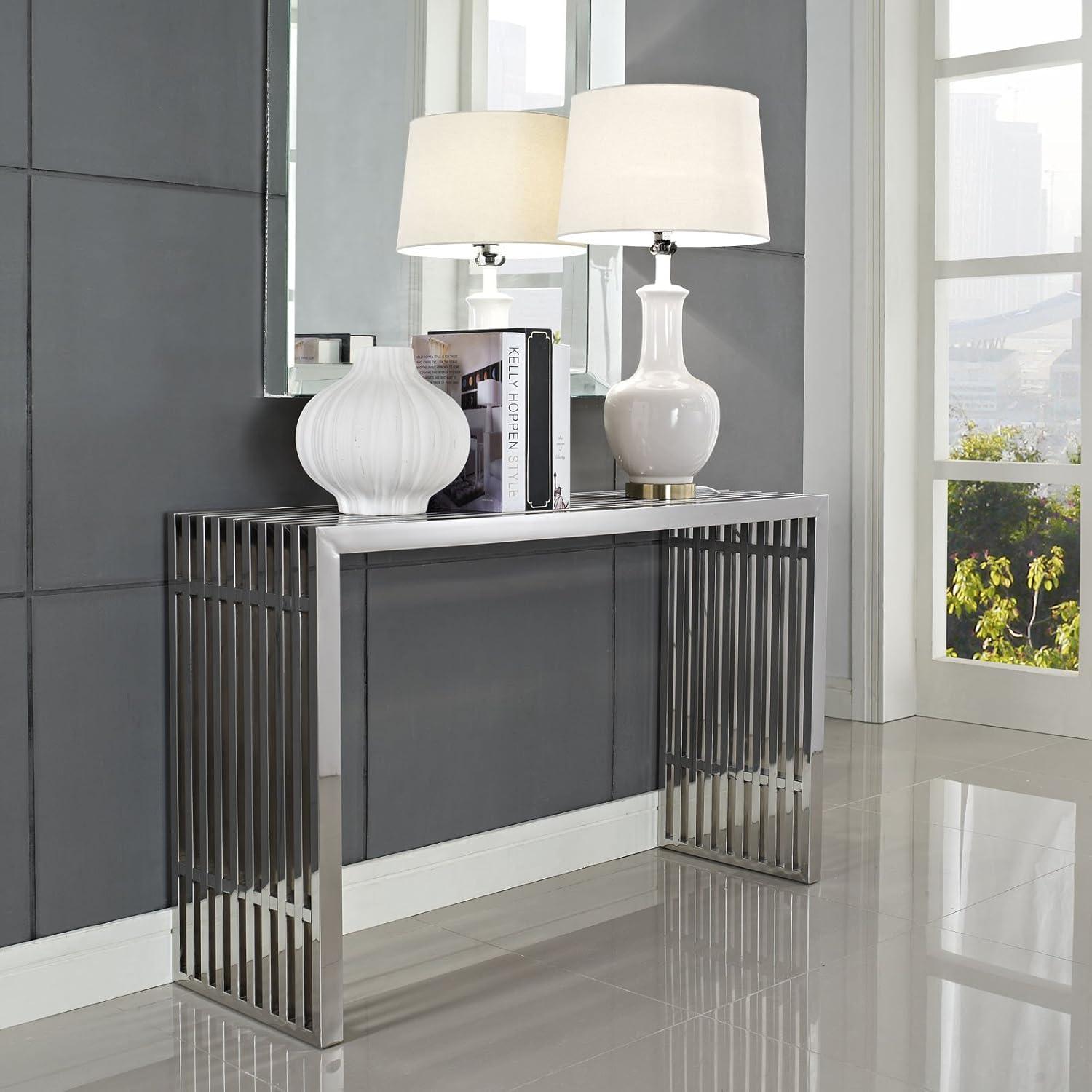 Modern Gridiron 46.5" Stainless Steel and Wood Console Table