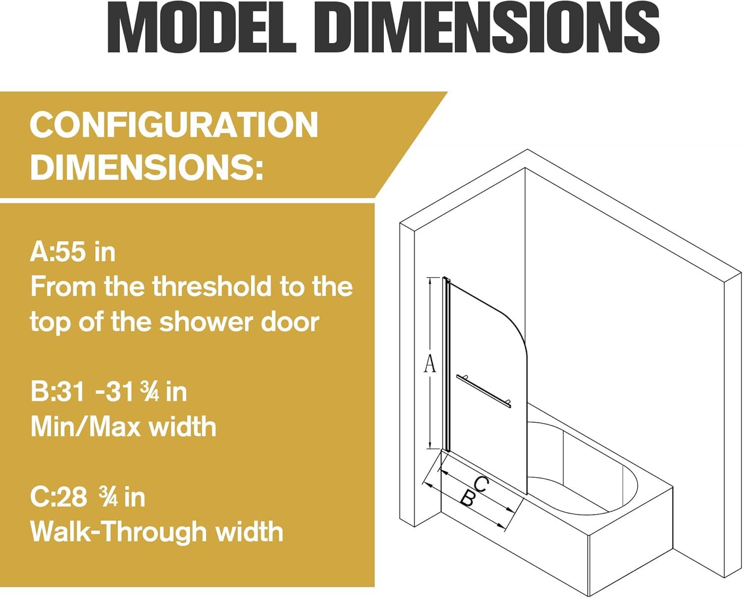 31"W x 55"H Frameless Folding Pivot Shower Tub Door Reversible Installation