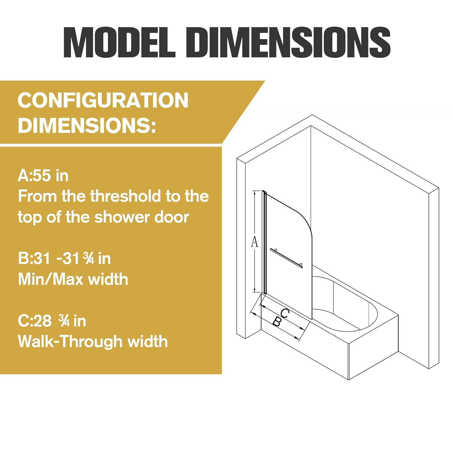 31 In. W * 55 In. H Frameless Shower Doors For Bathtub, 1/4" (6Mm) Thick SGCC Tempered Glass Door, Pivot Shower Door Panel For Bathroom