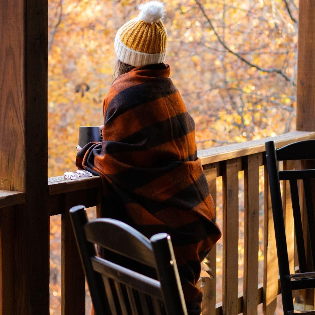 Large Orange Buffalo Plaid Wool Blanket, Machine Washable