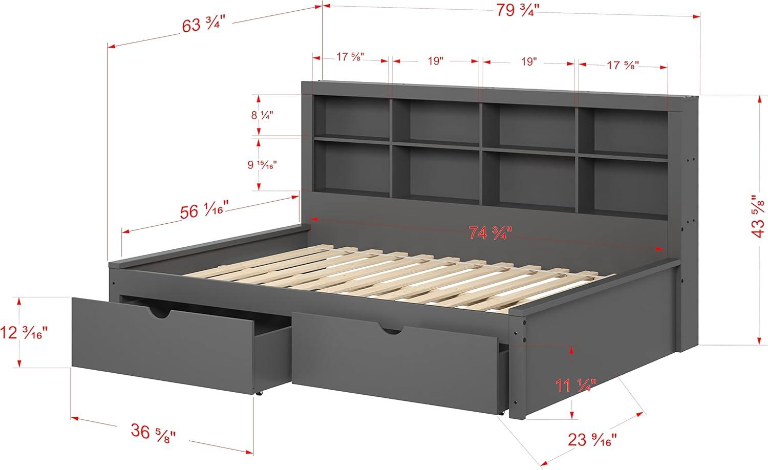 Donco Kids Bookcase Full Daybed with Dual Underbed Drawers, Full, Dark Grey