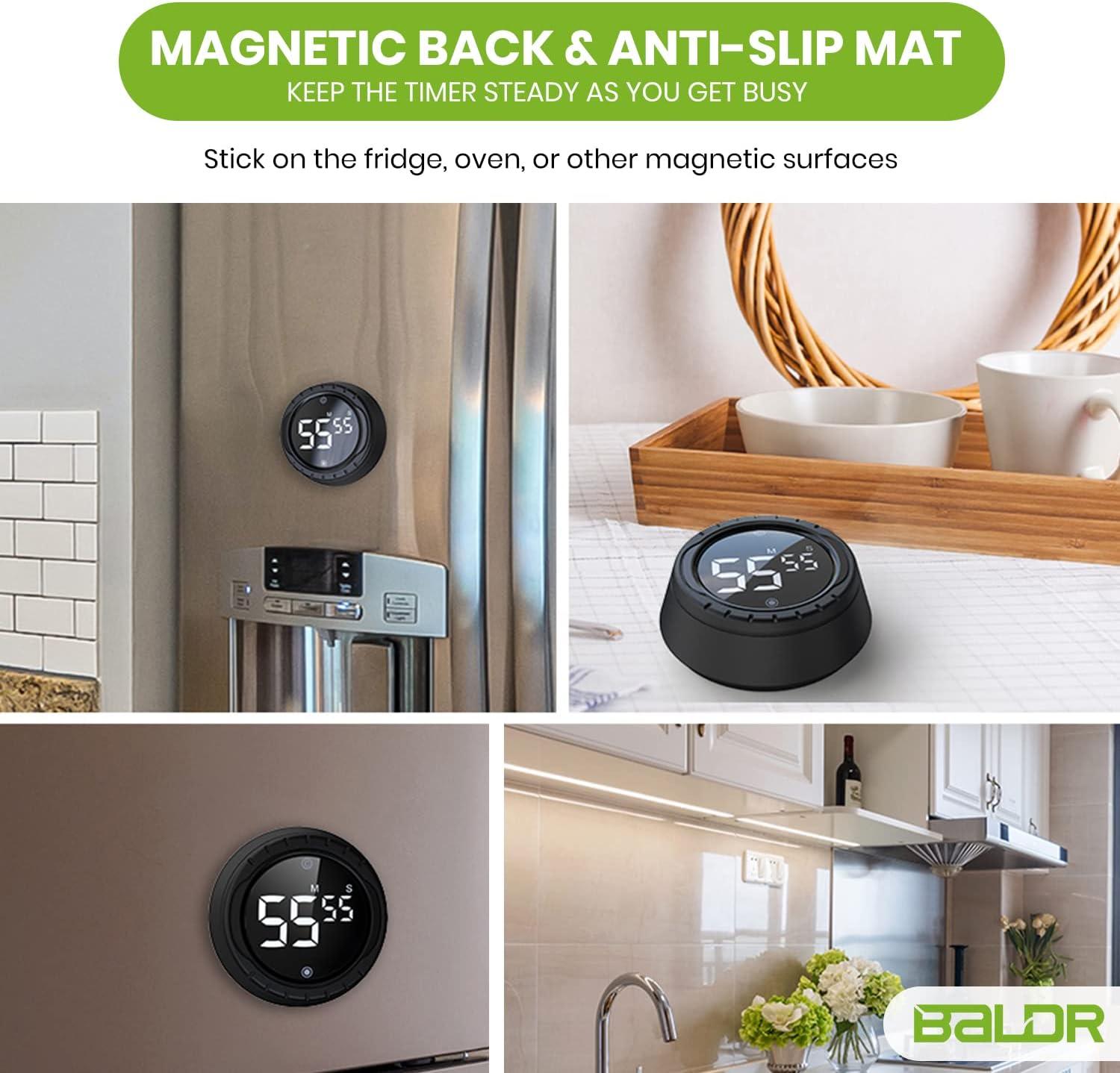 Baldr Kitchen Timer - Smart Countdown/Count Up Digital Timer with Rotating Desk Display, Quiet & Beeping Alerts, Strong Magnetic Backing - for Kitchen & Classroom (Black)