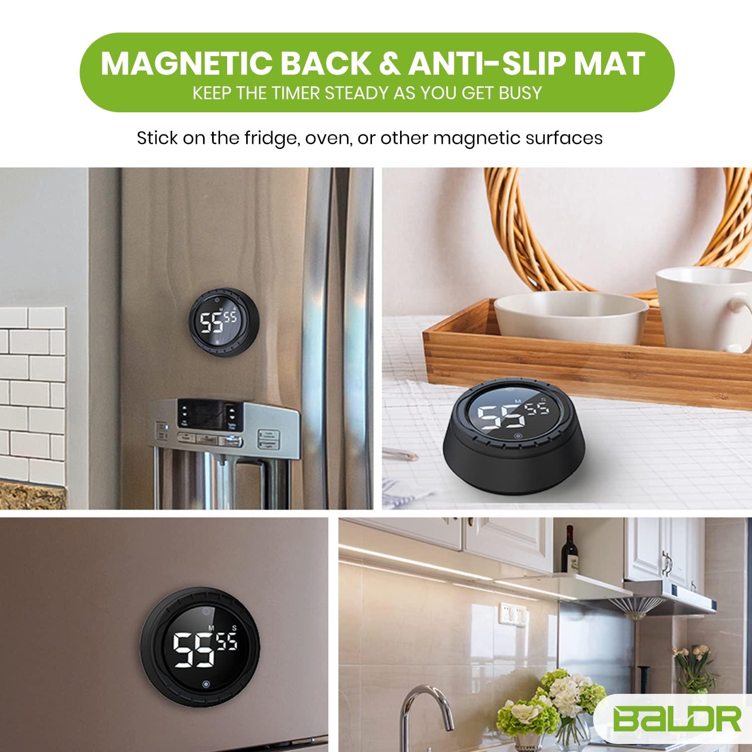 Baldr Kitchen Timer - Smart Countdown/Count Up Digital Timer with Rotating Desk Display, Quiet & Beeping Alerts, Strong Magnetic Backing - for Kitchen & Classroom (Black)