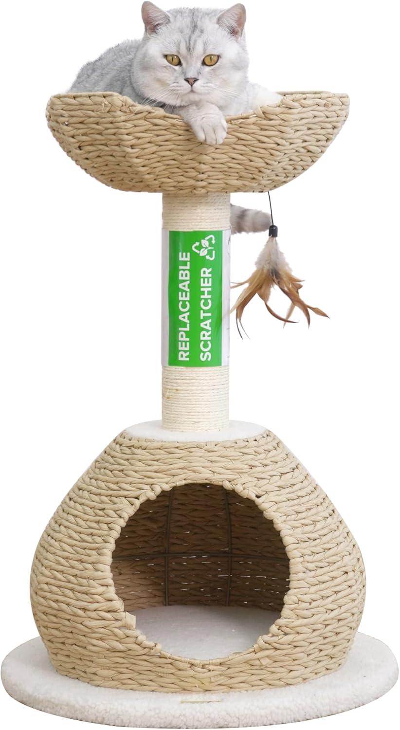 PetPals PetPals Walk Up Cat Tree with Fleece Perch, Handwoven Basket, and Sisal Scratching Post, Eco-Friendly Cat Furniture, Beige