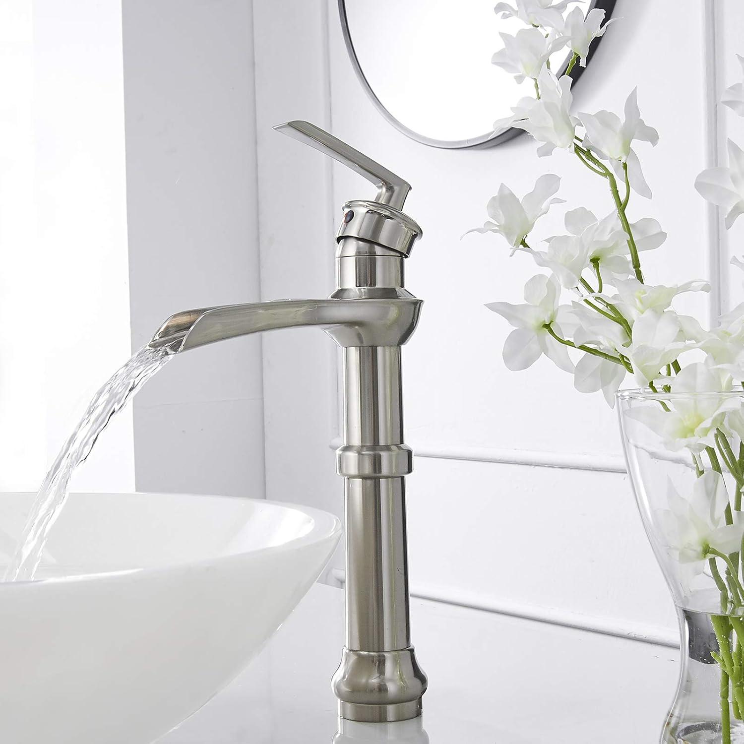 BWE Brushed Nickel Bathroom Faucet with Drain Assembly and Supply Hose Lead-Free Tall Body Waterfall Vessel Sink Faucet Lavatory Single-Handle Mixer Tap