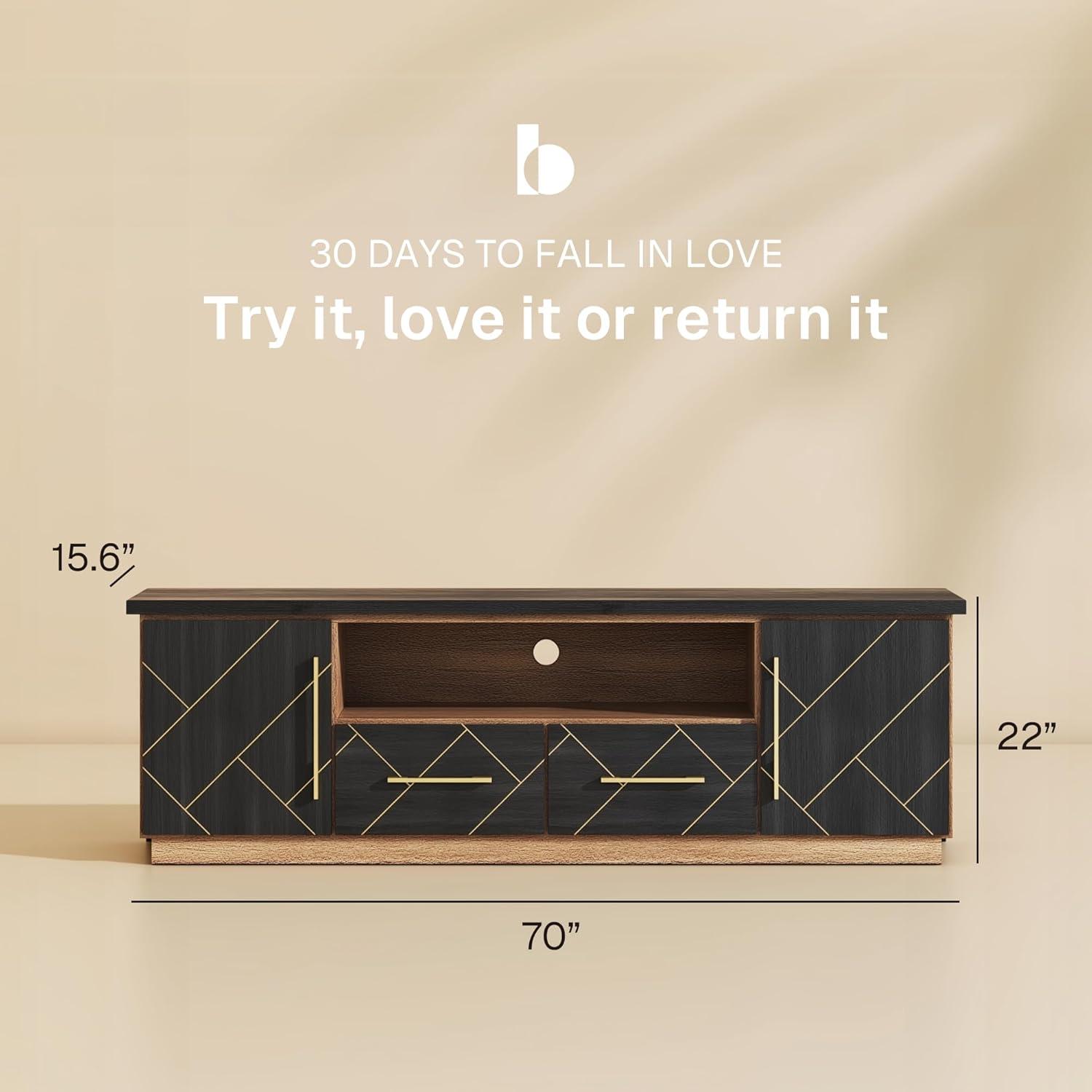 BELLEZE 70 Inch Modern TV Stand with Gold Trim, Elegant Entertainment Center with Storage, Media Console Table with Drawers & Open Shelves for Living Room, Bedroom, Home Theater (Espresso Black)