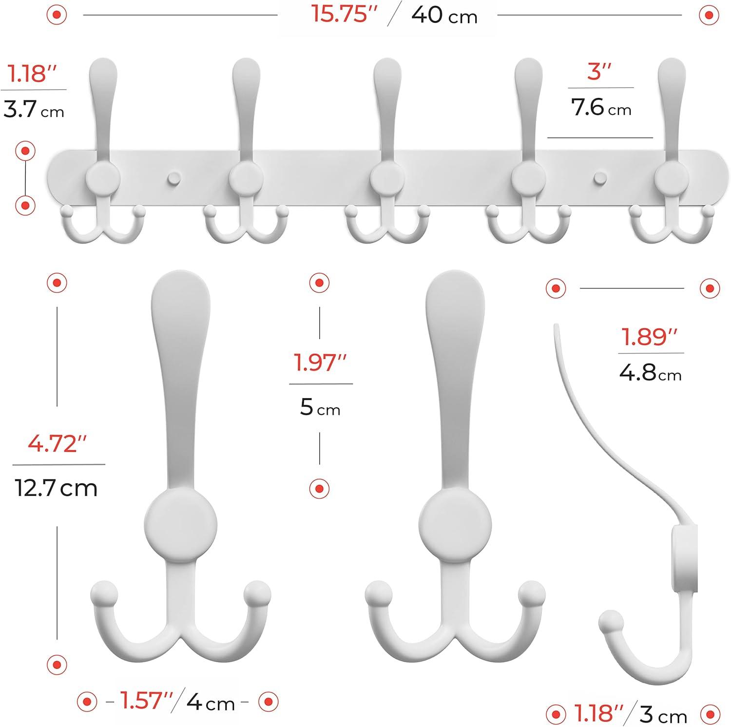 White Coat Rack Wall Mounted - 16 Inch Heavy Duty Stainless Steel Matte Finish Wall Hook Rack - 5 Tri Coat Hooks for Hanging Towels, Bags, Hat - Bathroom Entryway - 2 Pack