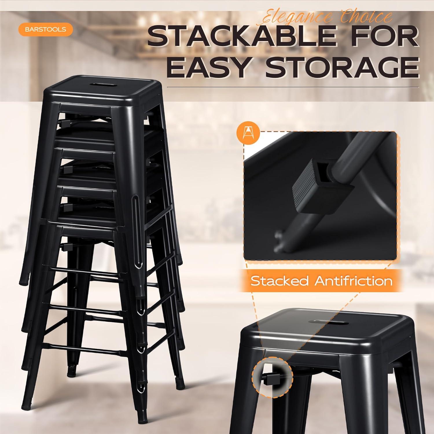 Furmax Metal Indoor-Outdoor Counter Height Stackable bar Stools, Set of 4, Black