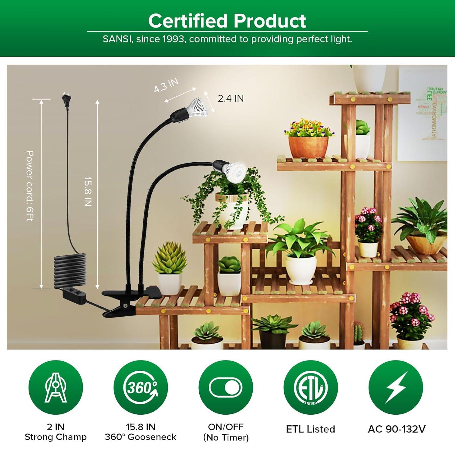 SANSI LED Grow Lights for Indoor Plants, Lifetime Free Bulb Replacement, 300W Full Spectrum Dual Gooseneck Clip Plant Grow Light with Optical Lens for High PPFD Growing Power Lamp