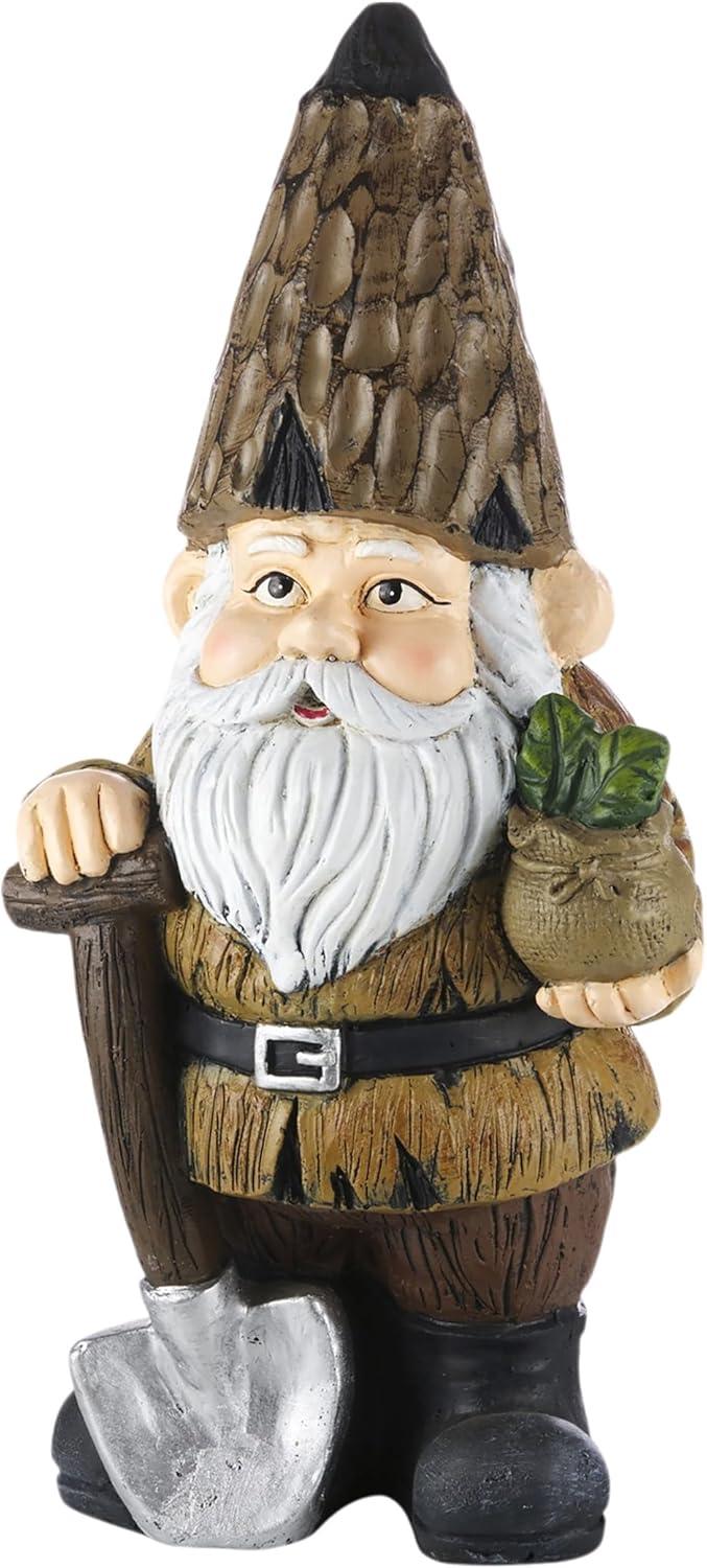Alpine Corporation 7" x 6" x 16" Polystone Gnome with Shovel Garden Statue, Brown