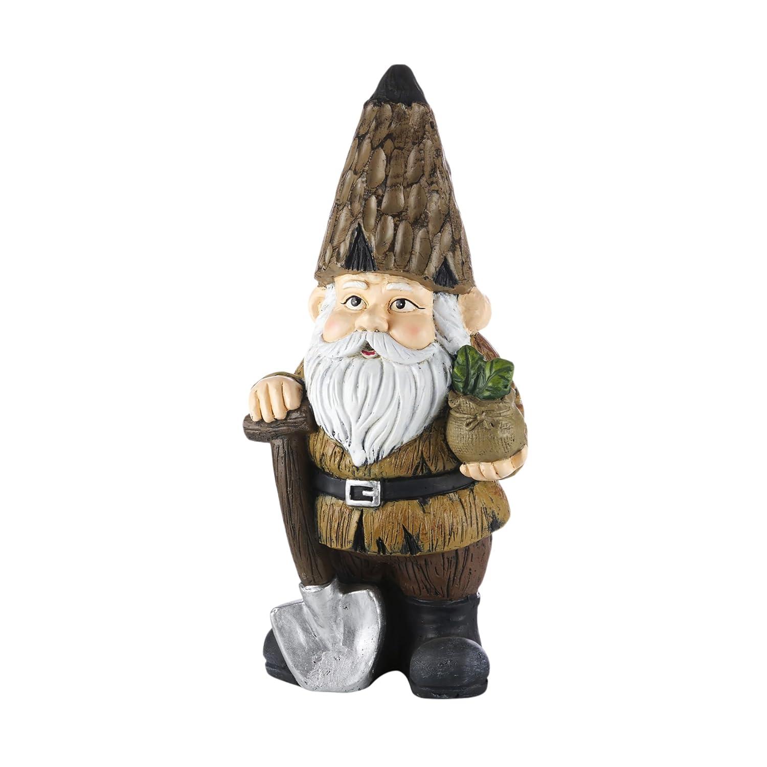 Alpine Corporation 7" x 6" x 16" Polystone Gnome with Shovel Garden Statue, Brown
