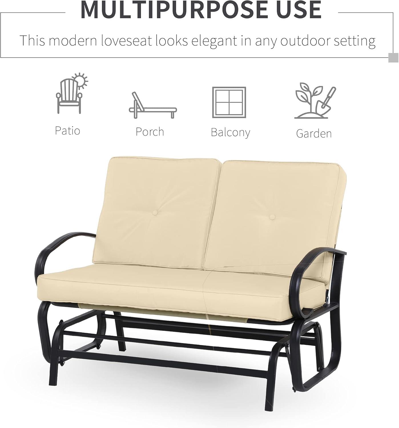 Outsunny Patio Glider Bench with Padded Cushions and Armrests, Outdoor 2-Person Swing Rocking Chair Loveseat with Sturdy Frame, Beige