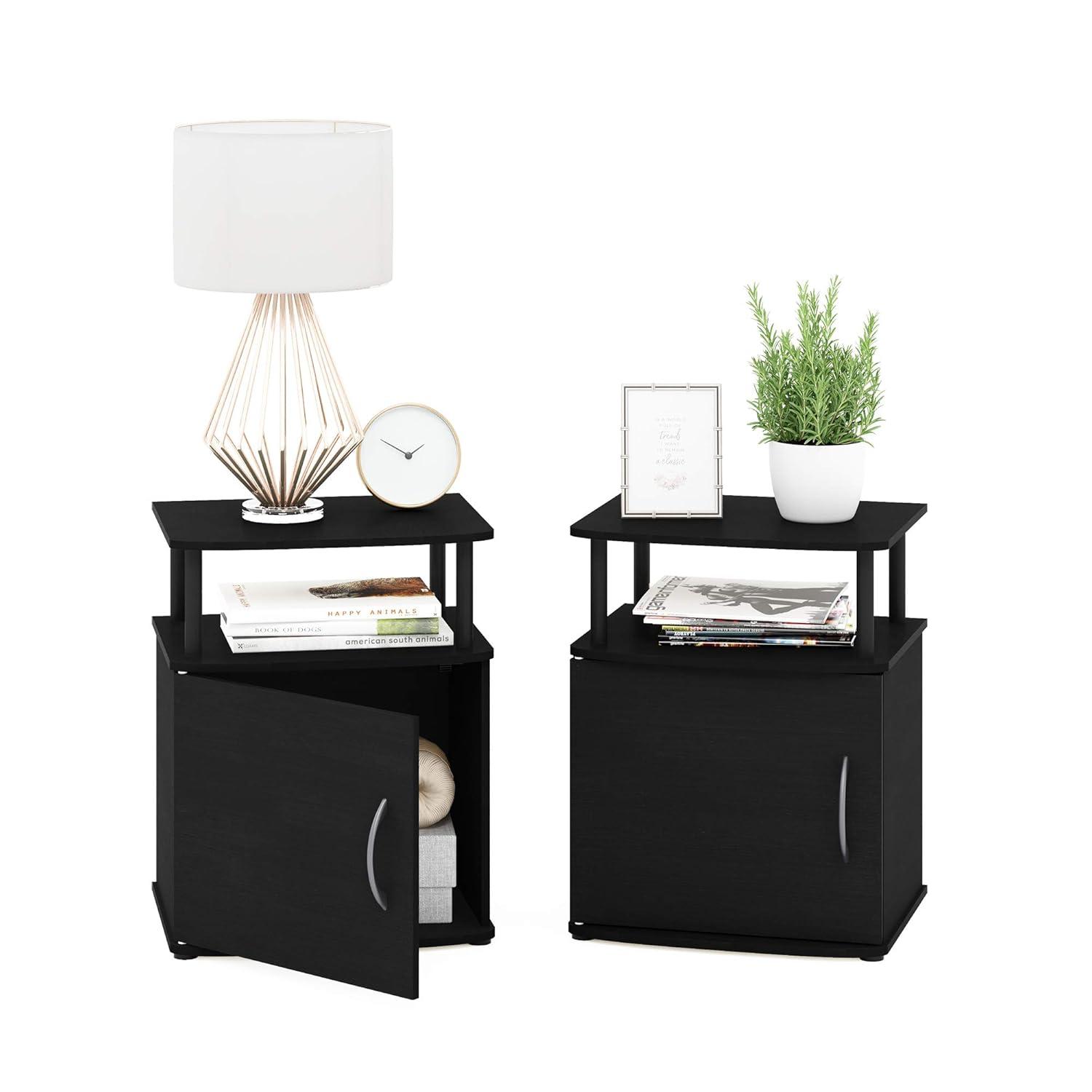 Furinno Set of 2 Modern Utility End Table Space-Saving Bedside Table Nightstand W/1 Storage Cabinet&Open Storage Shelf,Black