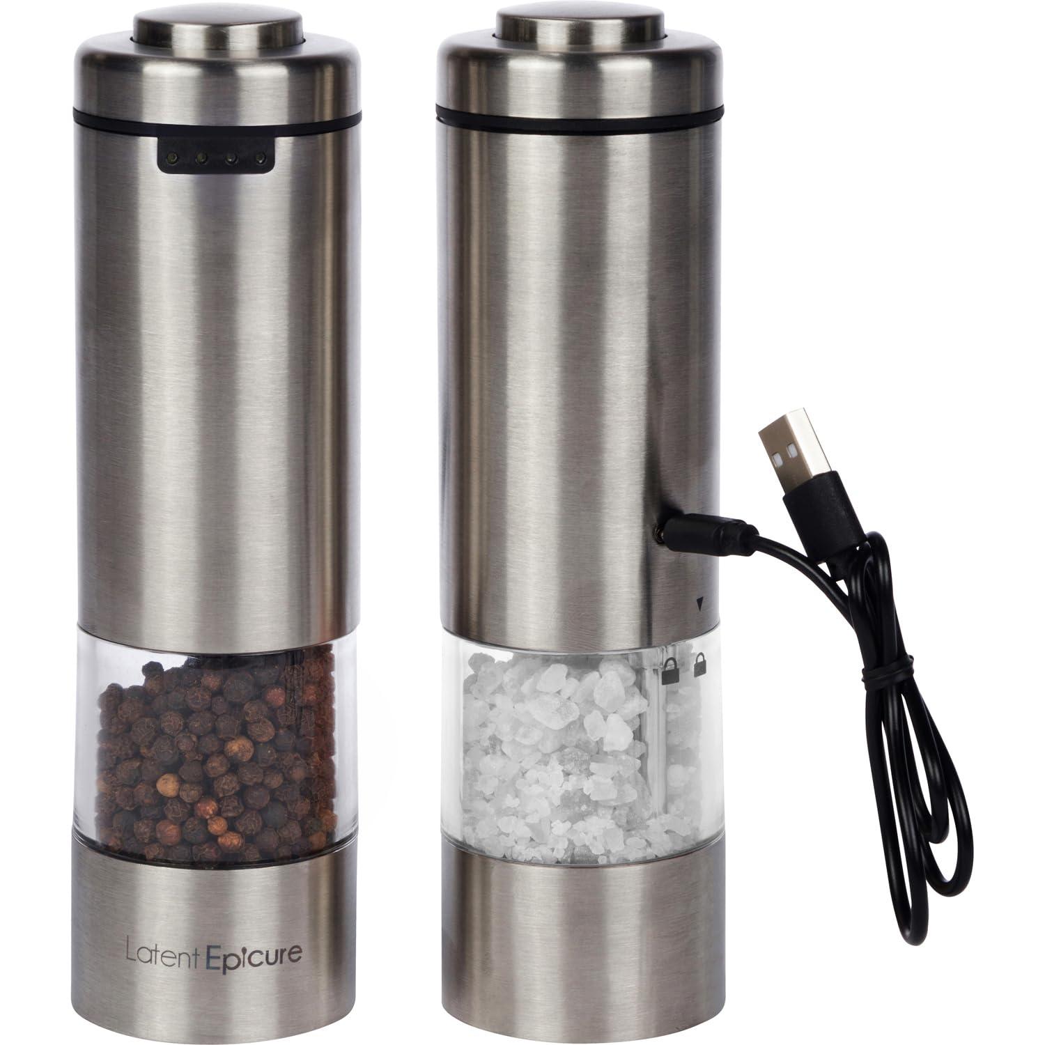 Electric Salt and Pepper Grinder Set - Battery Operated, Stainless Steel Shakers with Adjustable Fine & Coarseness, One Handed Operation, LED Light & Complimentary Mill Rest Tray