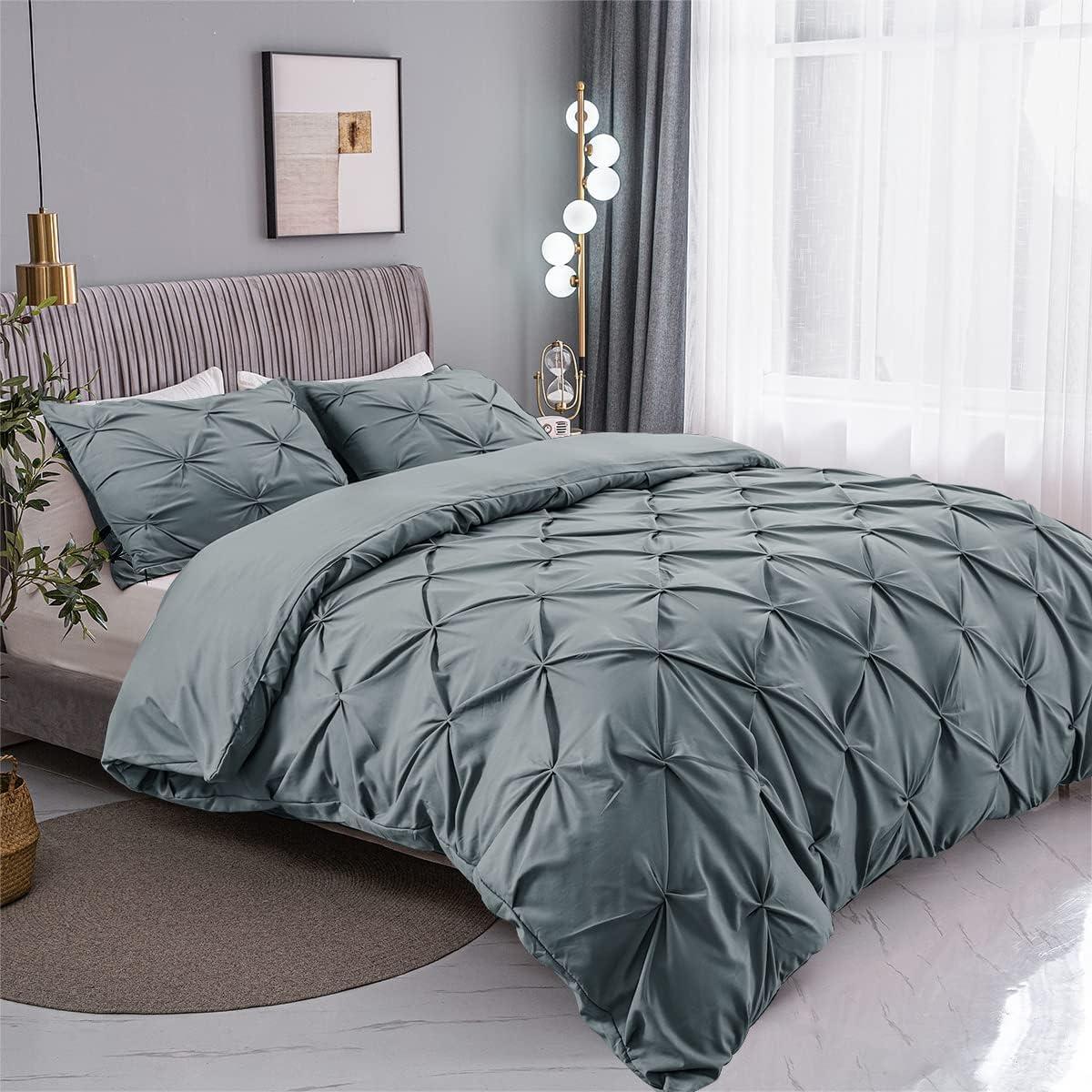 Nestl 3 Piece Pinch Pleated Duvet Cover Set, Full Size Pintuck Duvet Cover with Button Closure, Blush
