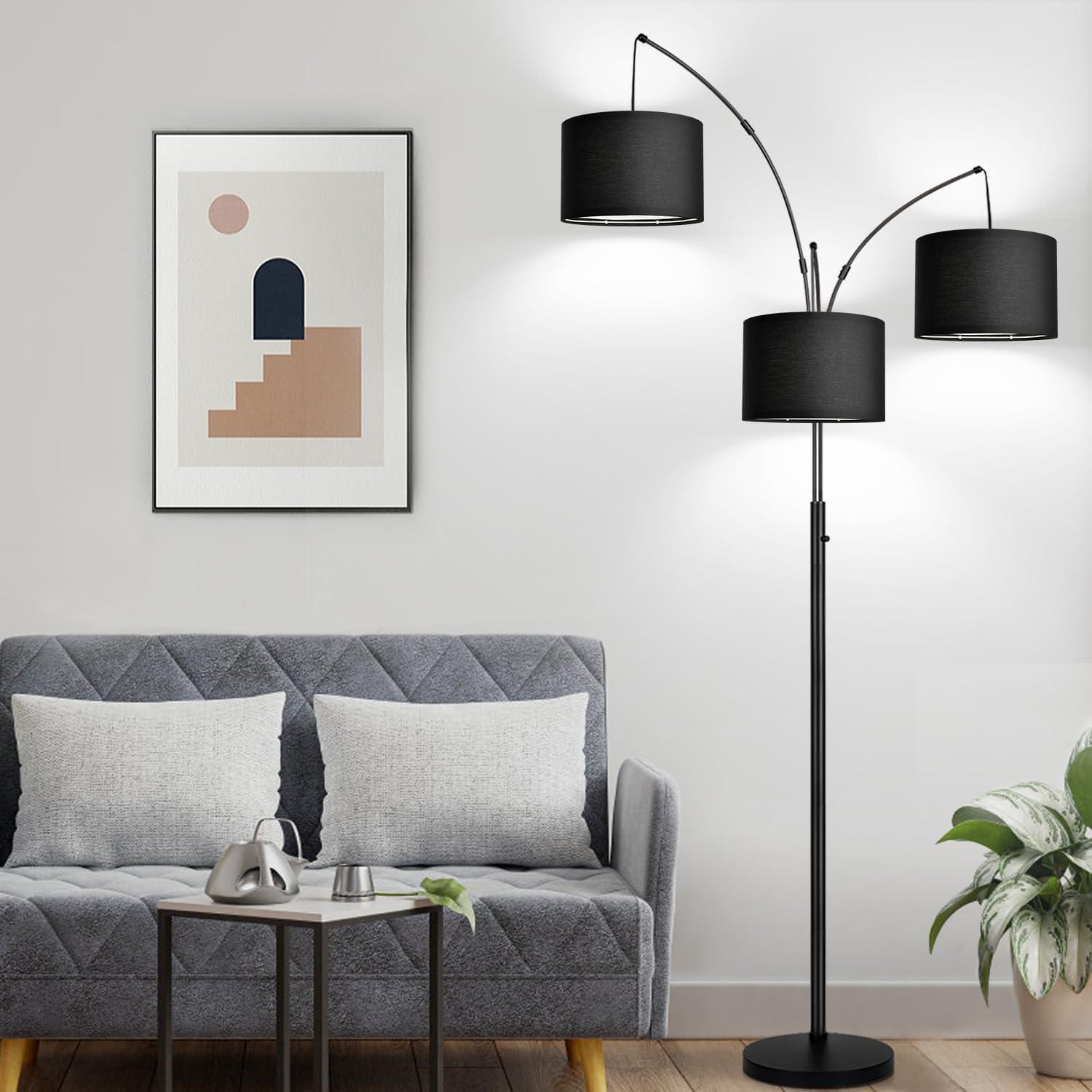 Matte Black Multi-Head Arc Floor Lamp with Linen Shades