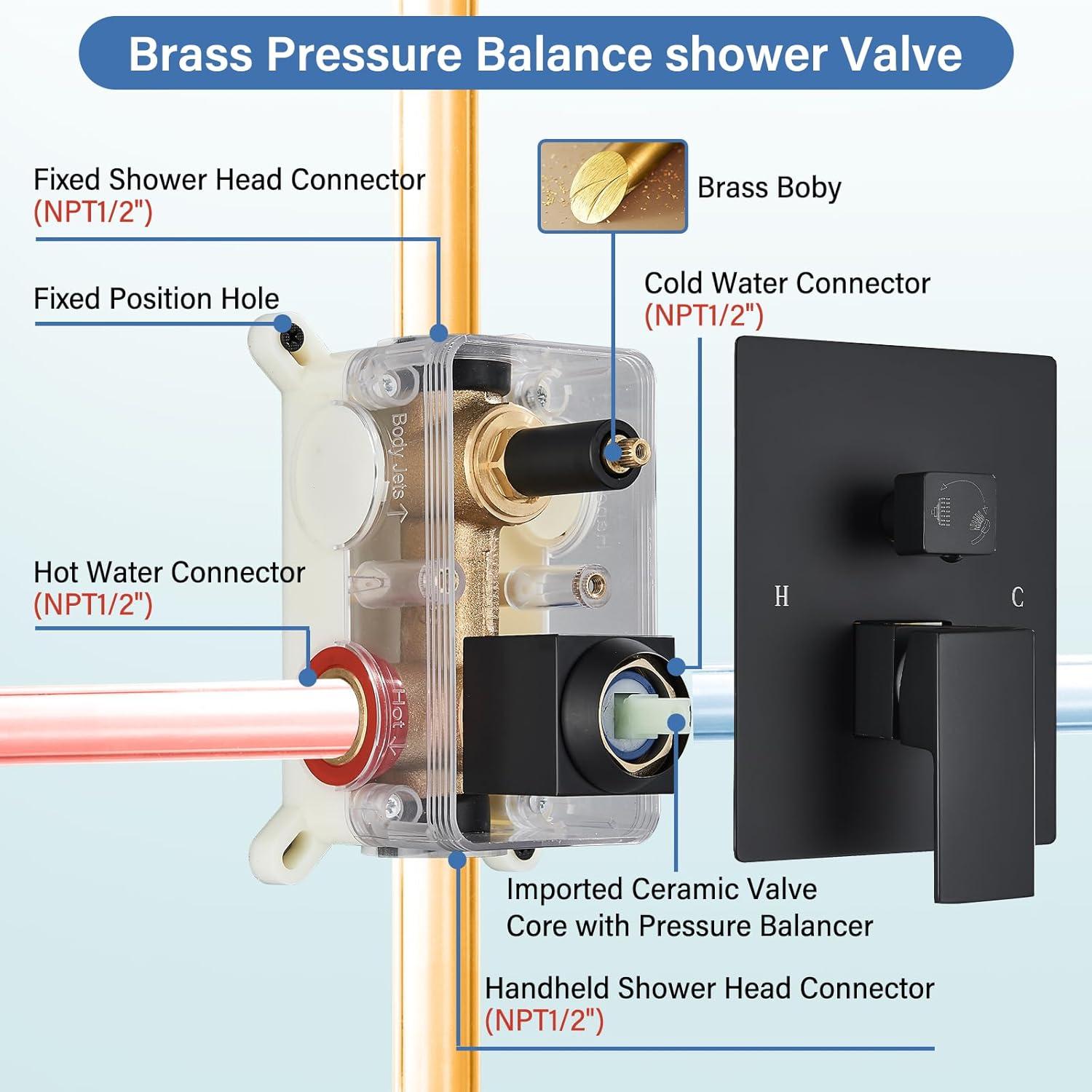 12" Ceiling Mounted Shower Head Pressure Balancing Rain Shower System with Rough-in Valve and Trim Kit