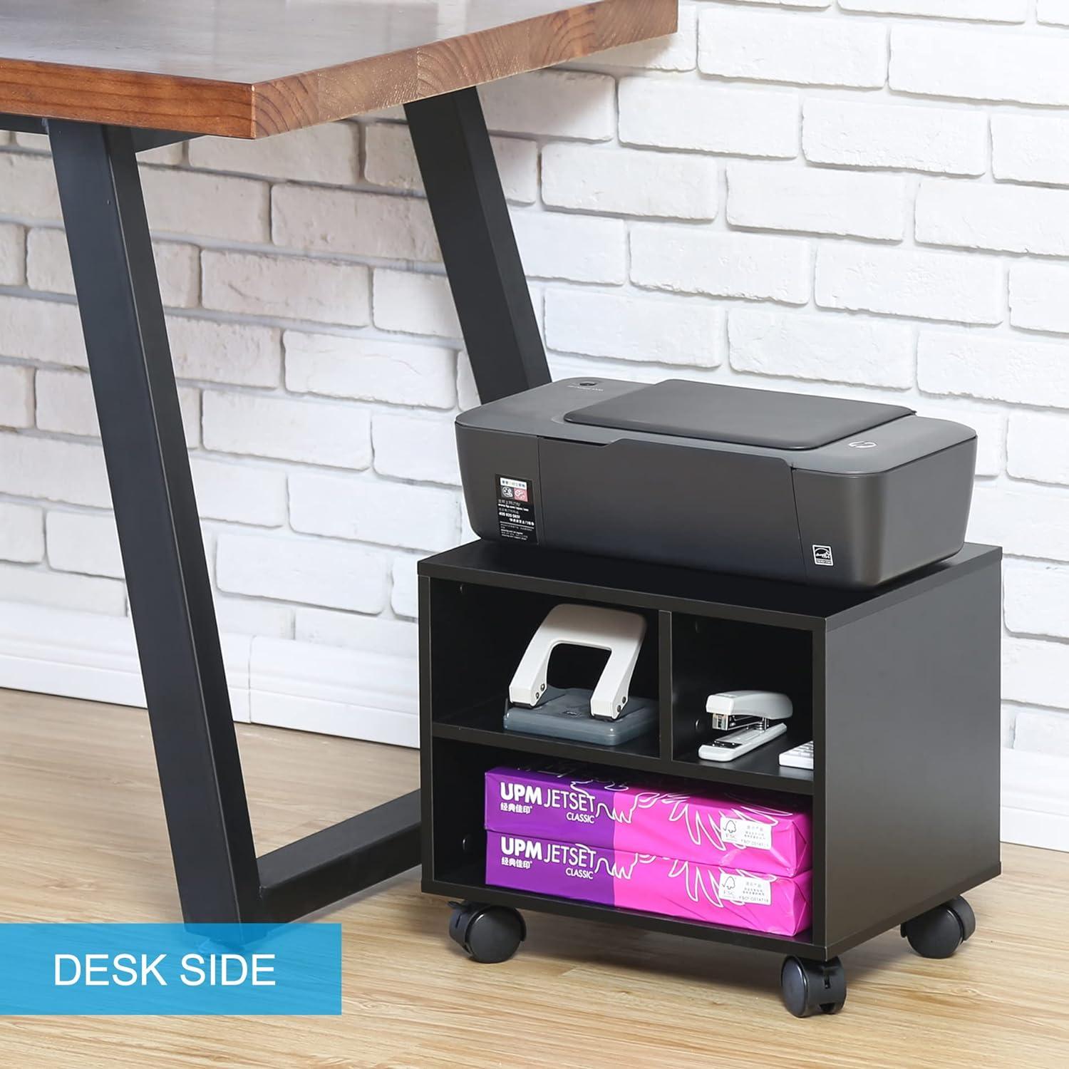 Black MDF Mobile Printer Stand with Storage and Wheels