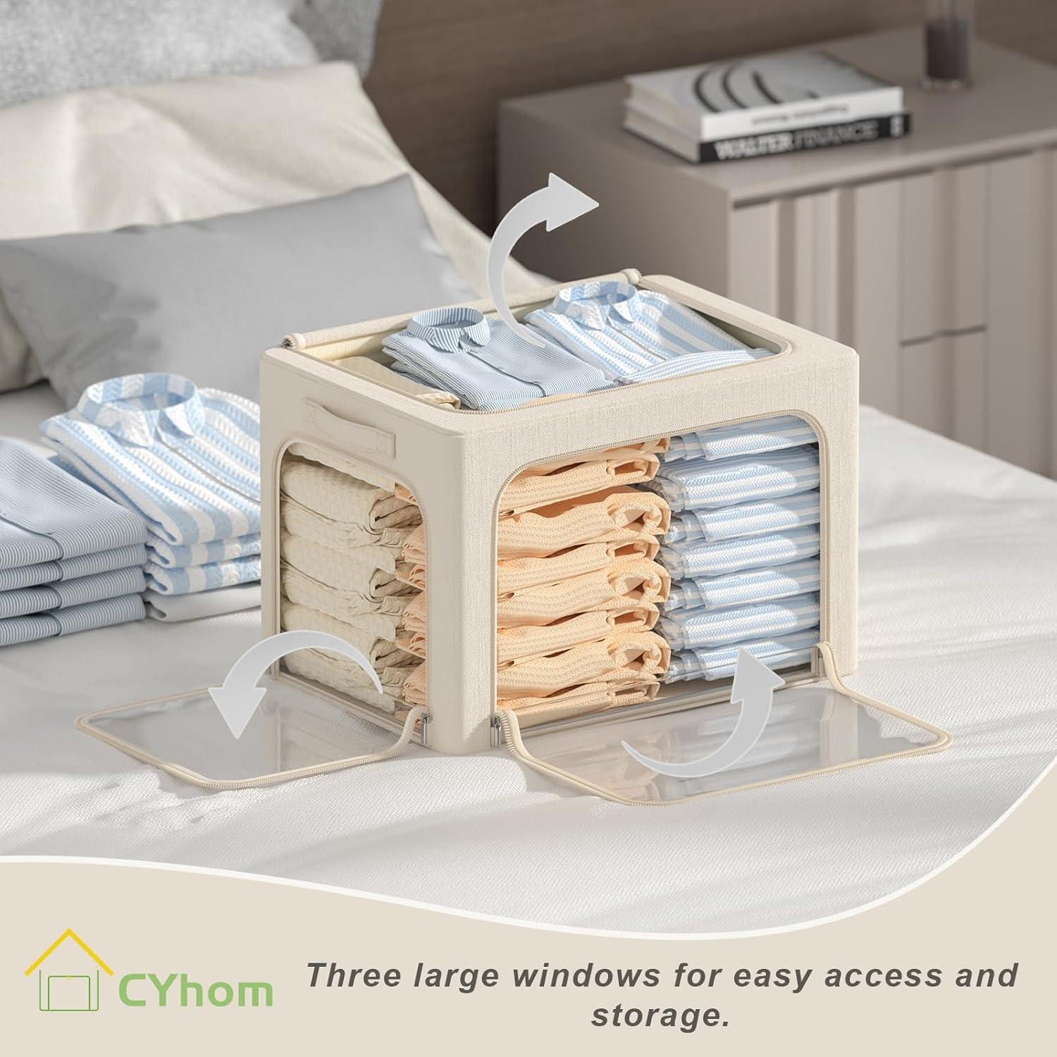 3 Openings Clothes Storage Bins With Metal Frame, Foldable Storage Bin For Clothes, Clothing Storage Bins With Lid, Linen Storage Box With Clear Window& Zippers& Durable Handles.(3 Pcs,Light Grey,40L)