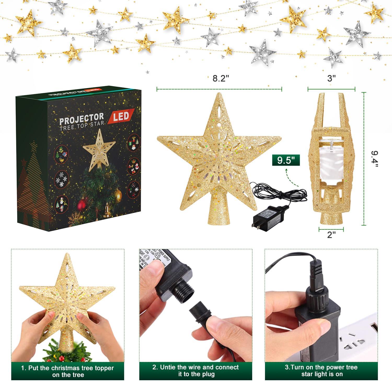 HOUFIY Christmas Tree Topper Lighted with 6 Projection Modes Star Tree Topper Built-in LED Rotating 3D Lighted Glitter Star Decorations Projector Tree Topper for Christmas Tree