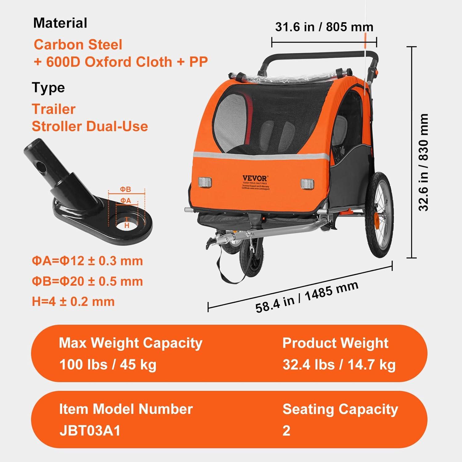 Orange and Black 2-Seat Steel Frame Bike Trailer with Canopy