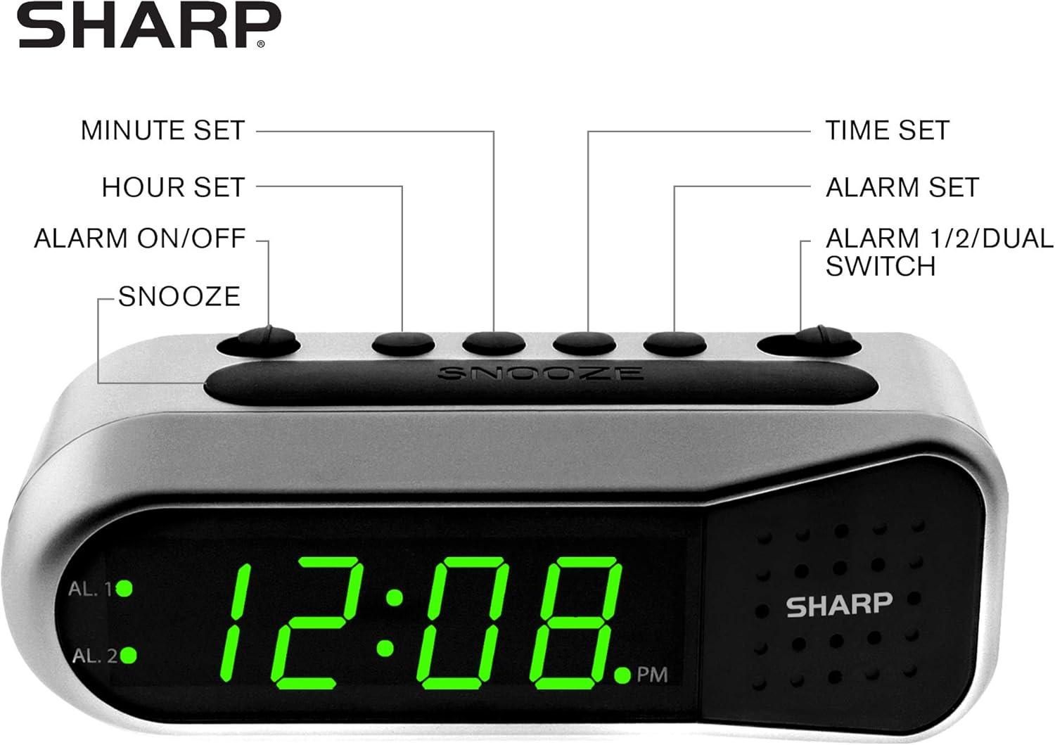 Silver Digital Alarm Clock with Dual Alarms and Battery Backup