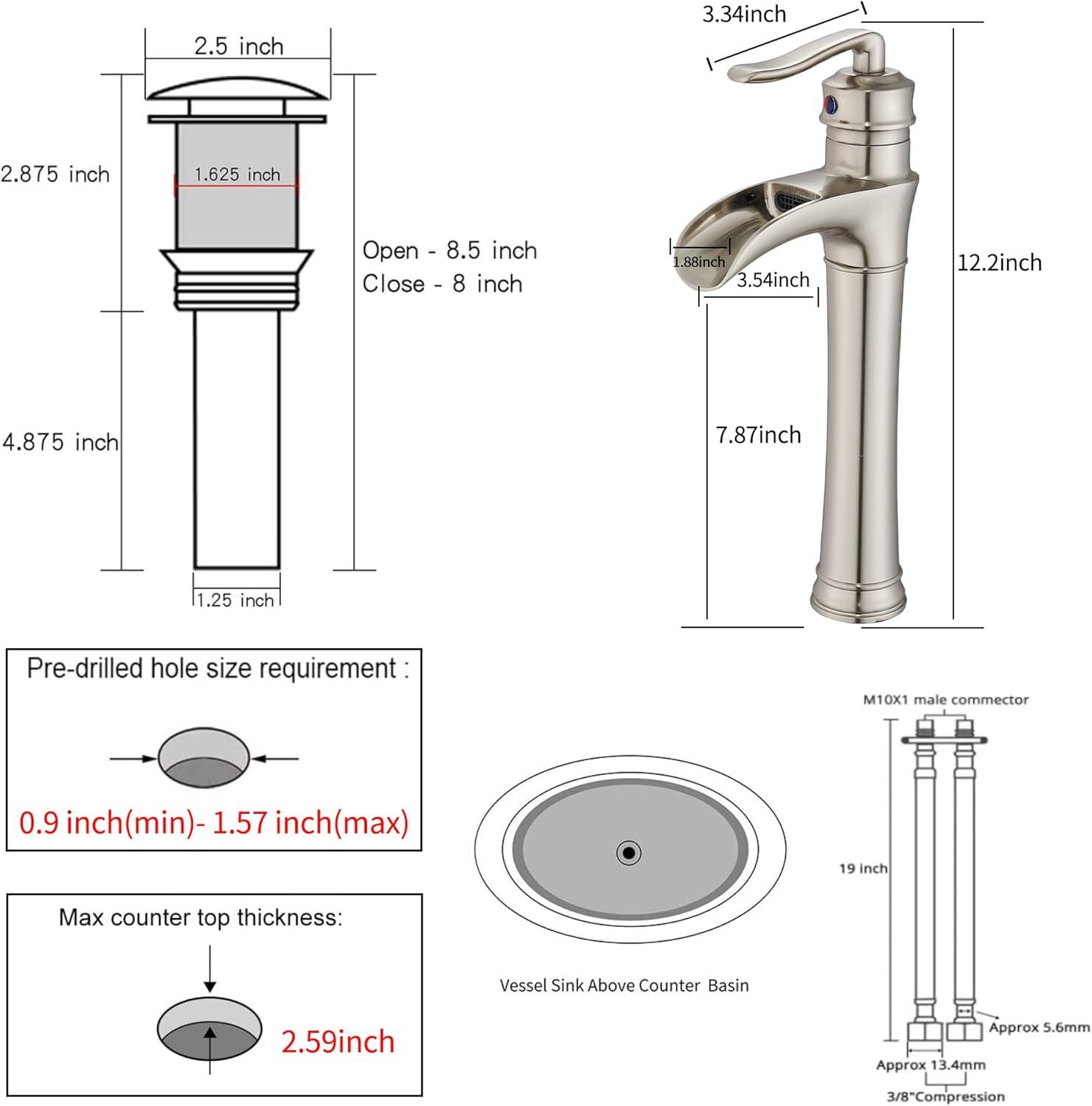 Waterfall Bathroom Faucet Brushed Nickel GGStudy Single Handle One Hole Tally Body Farmhouse Bathroom Vessel Sink Faucet Matching with Pop Up Drain