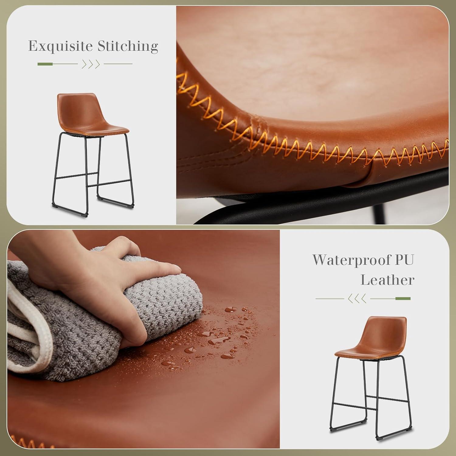 WM 26 inch Counter Height Bar Stools Set of 4, Modern Faux Leather High Barstools with Back and Metal Leg, Bar Chairs for Indoor & Outdoor, Brown