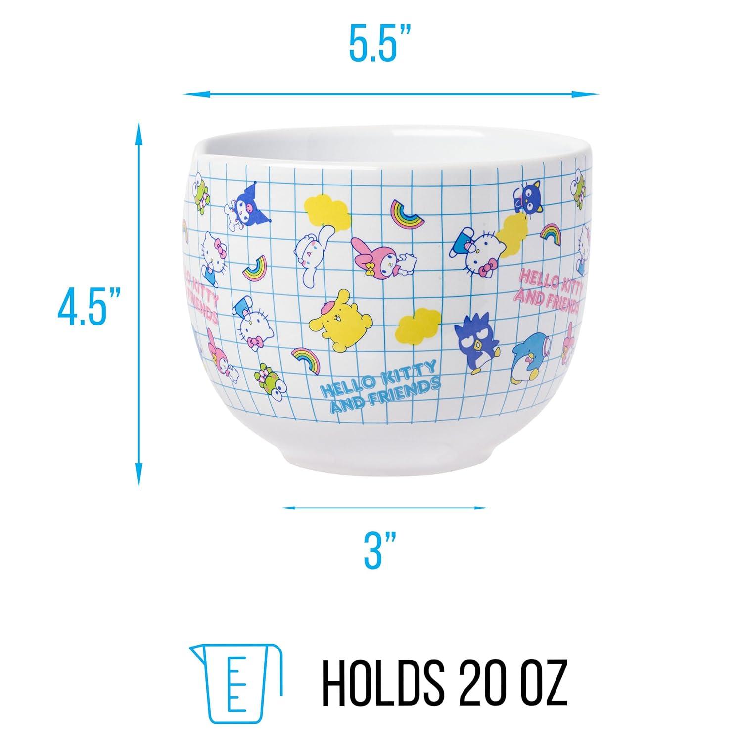 Silver Buffalo Hello Kitty and Friends Kuromi, Keroppi, Chococat, My Melody, Tuxedo Sam, Badtz-Maru, Tuxedo Sam, Pompompurin, Cinnamoroll Ceramic Ramen Noodle Rice Bowl with Chopsticks, 20 Ounces