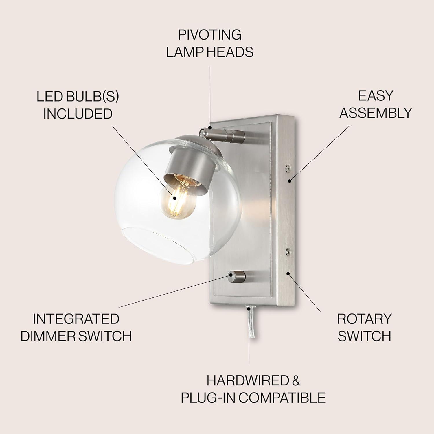 Hugo 6" 1-Light Minimalist Modern Plug-In or Hardwired Adjustable Iron LED Wall Sconce with Rotary Dimmer, Nickel with Clear Globe