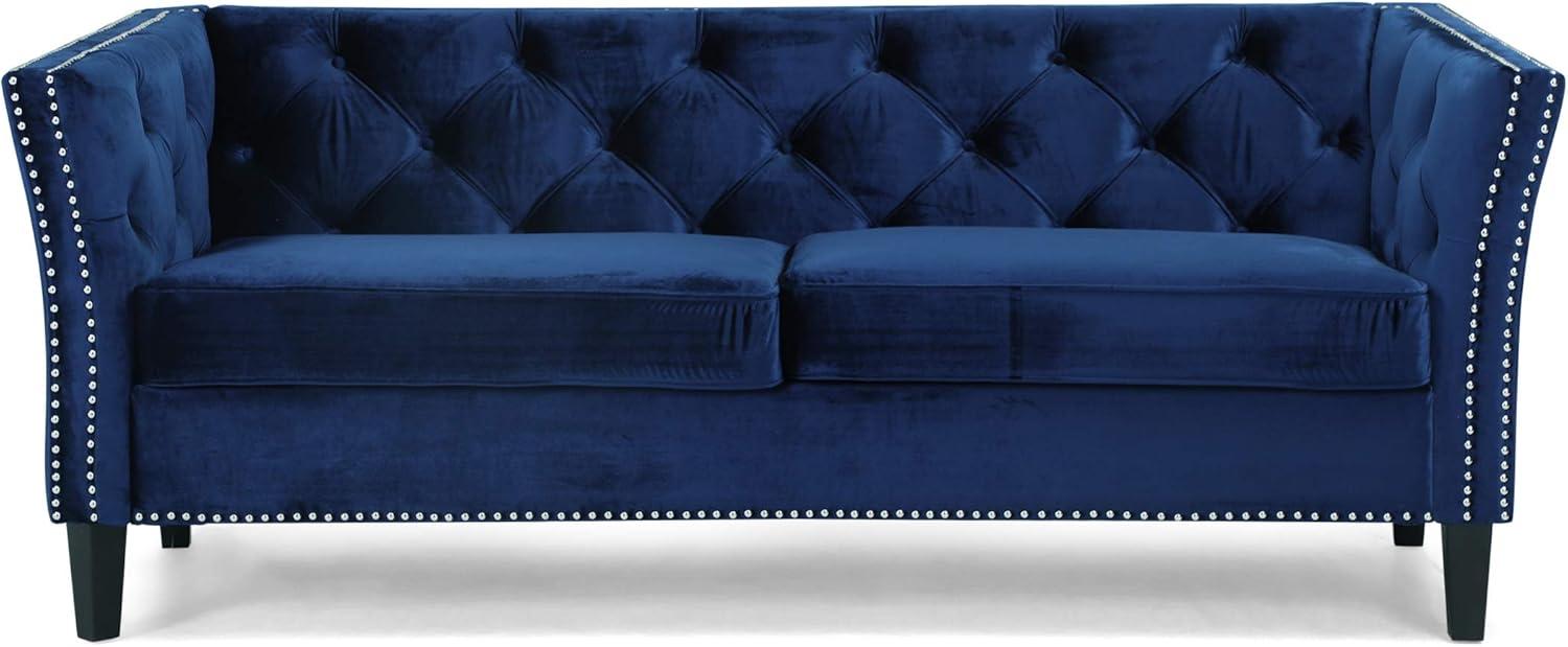 Midnight Blue Velvet Tufted 3-Seater Sofa with Nailhead Trim