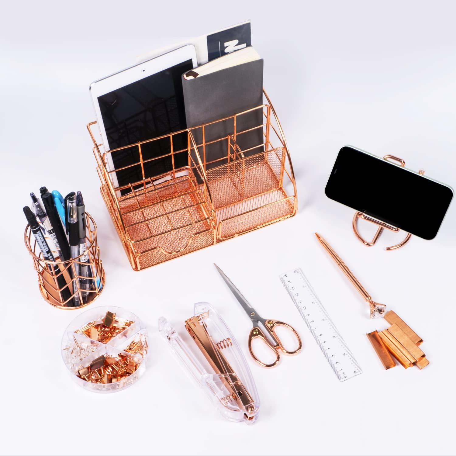 KISPATTI Desk Organizers and Accessories, Rose Gold Office Supplies with Mesh Desk Organizer, Acrylic Stapler, Staples, Ballpoint Pen, Clips Set, Pen Holder, Ruler, Scissor, Phone Holder