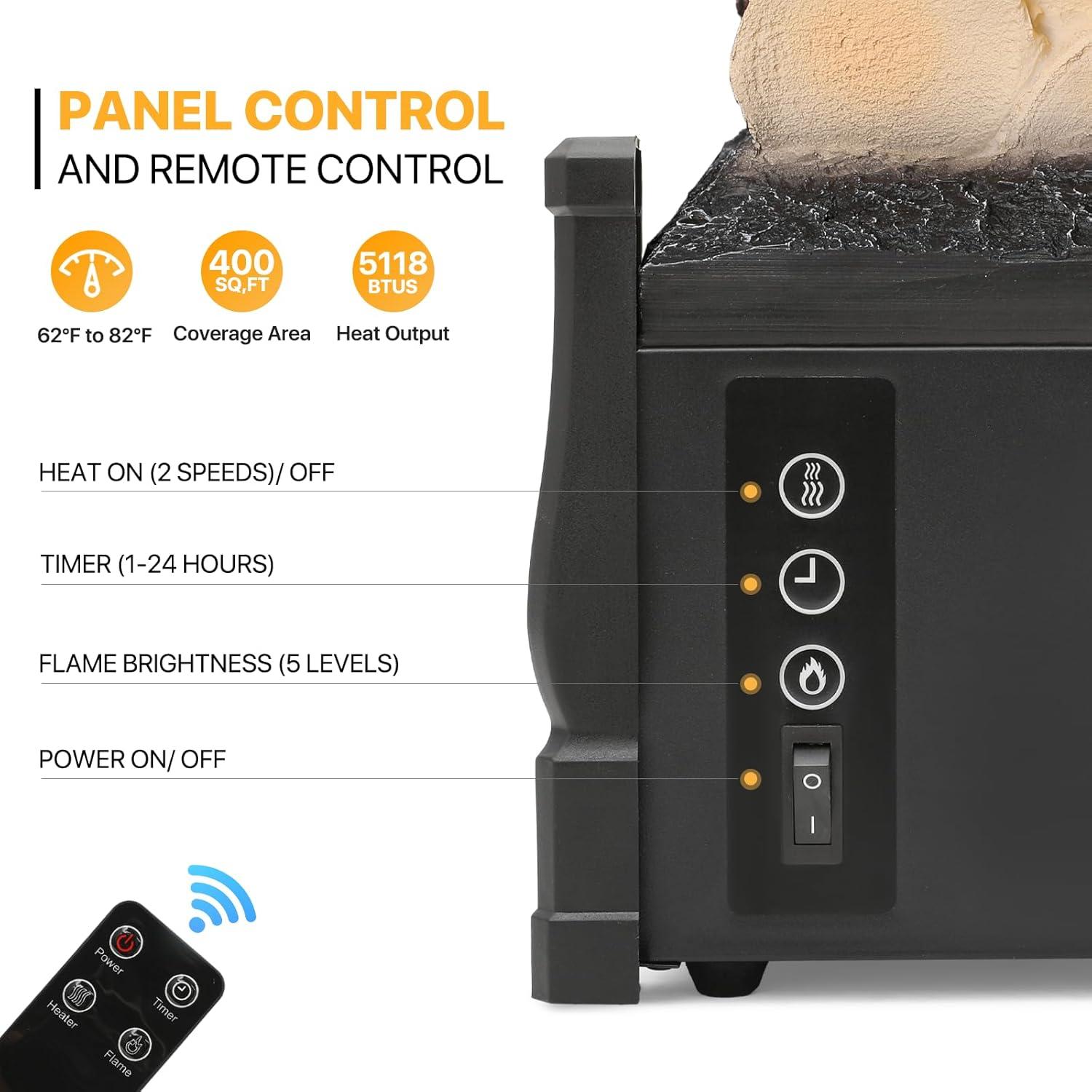 20" Electric Fireplace Log Set Heater with Realistic Ember Bed, Remote, Adjustable Flame Brightness