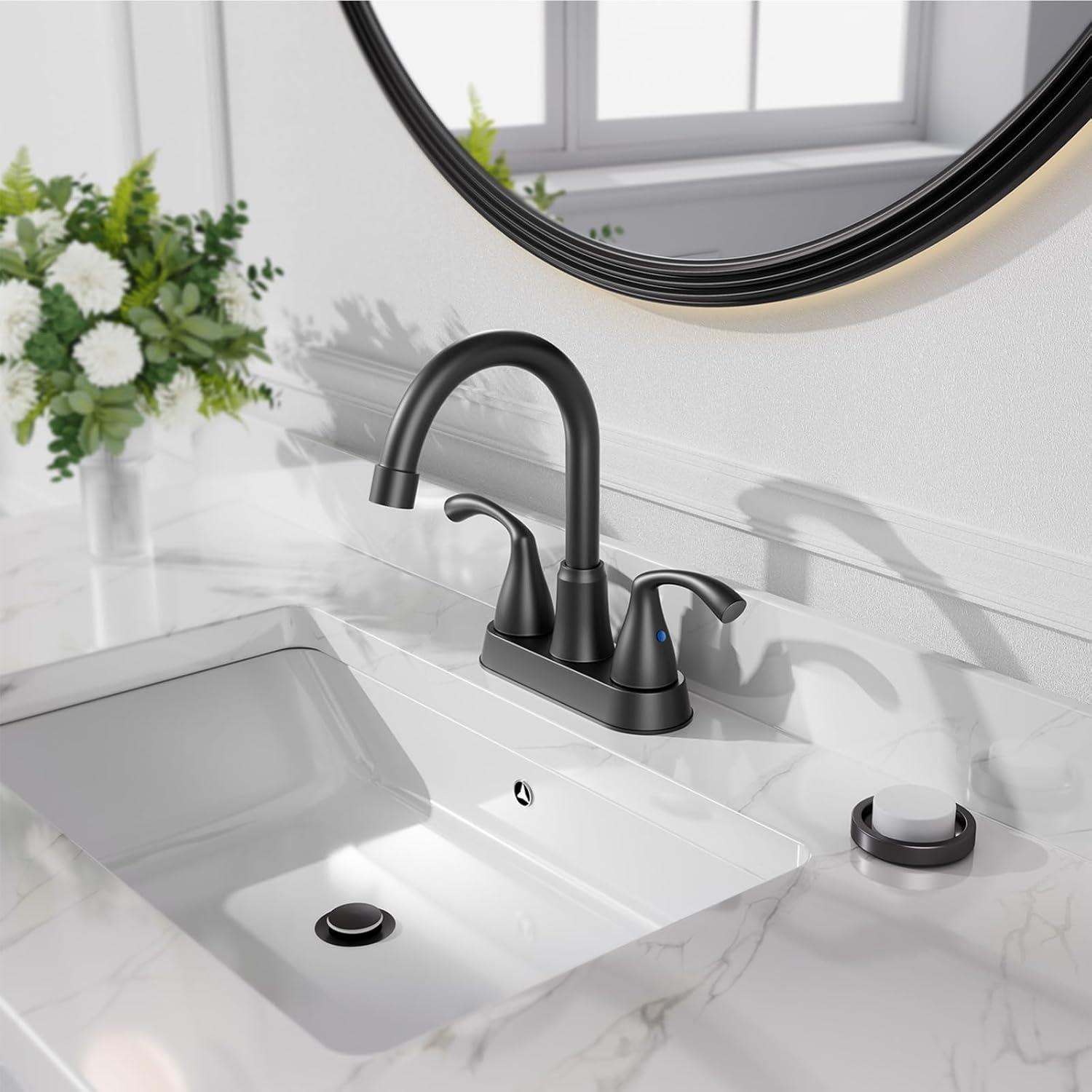 Matte Black 4-Inch Centerset Bathroom Sink Faucet with Metal Drain