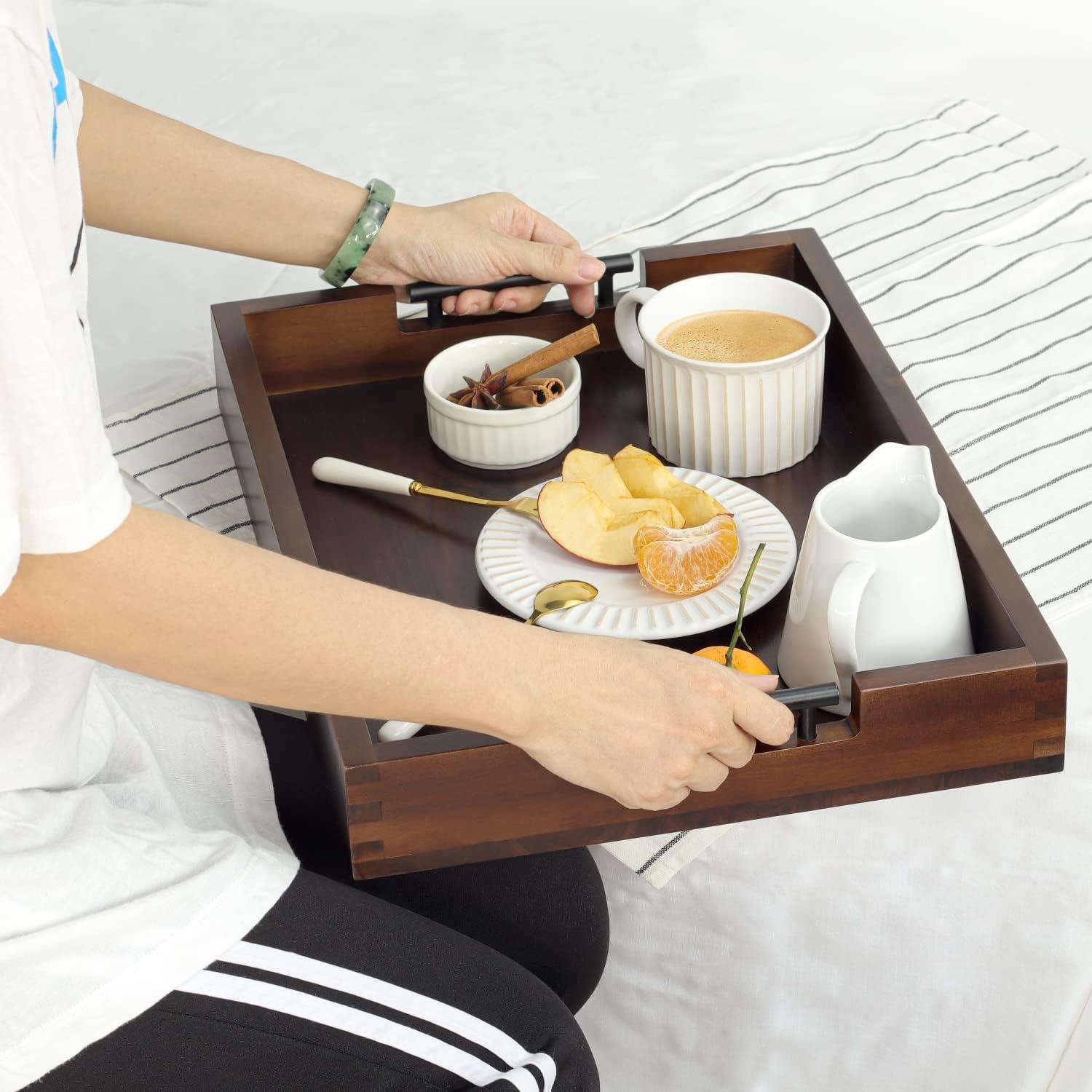 Ottoman Tray, 16.5"x12.5"x2.5" Acacia Wood Serving Tray with Black Metal Handles, Great for Ottoman Tray, Food Tray, Breakfast Tray, Eating Tray