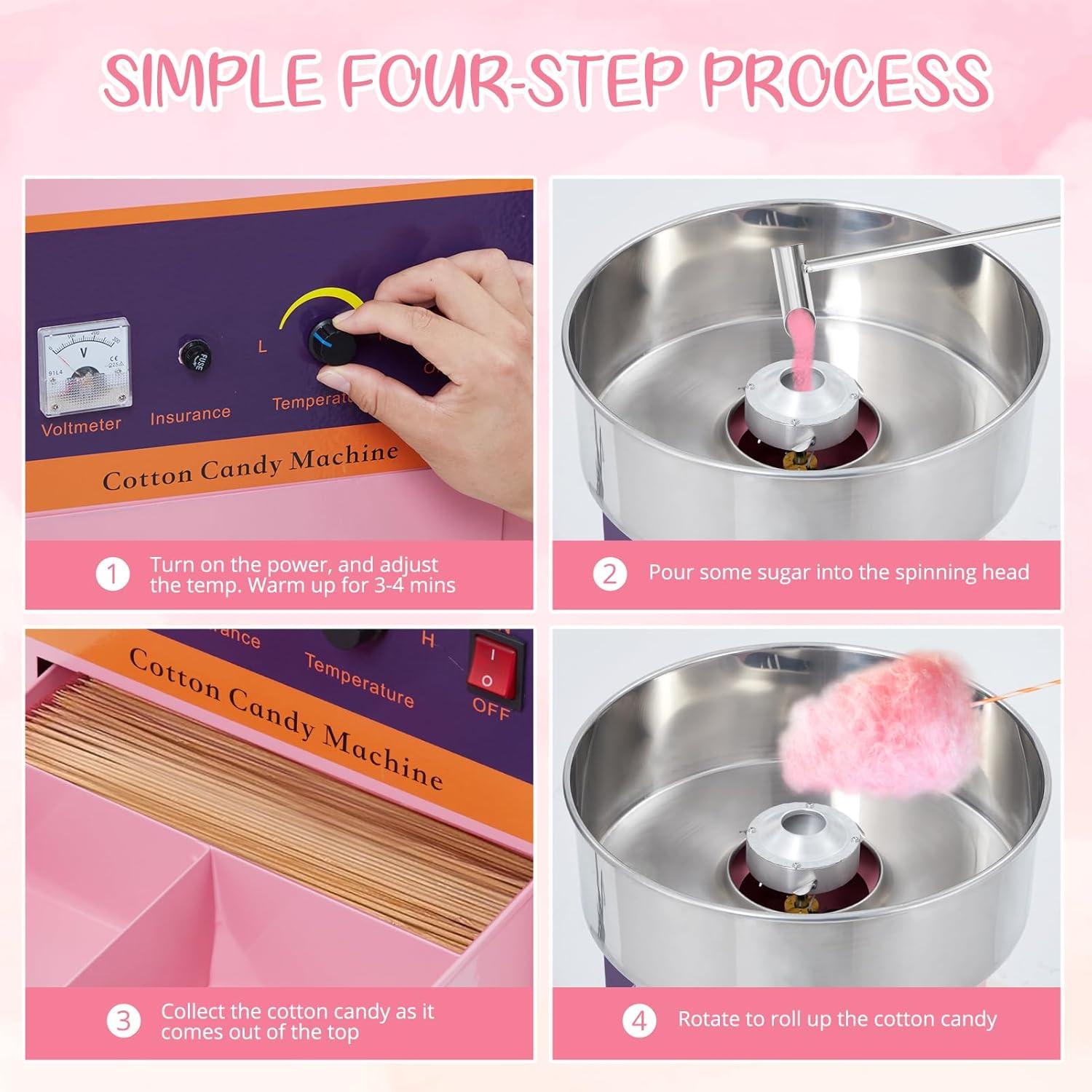 Pink Stainless Steel Commercial Cotton Candy Machine with Storage Drawer