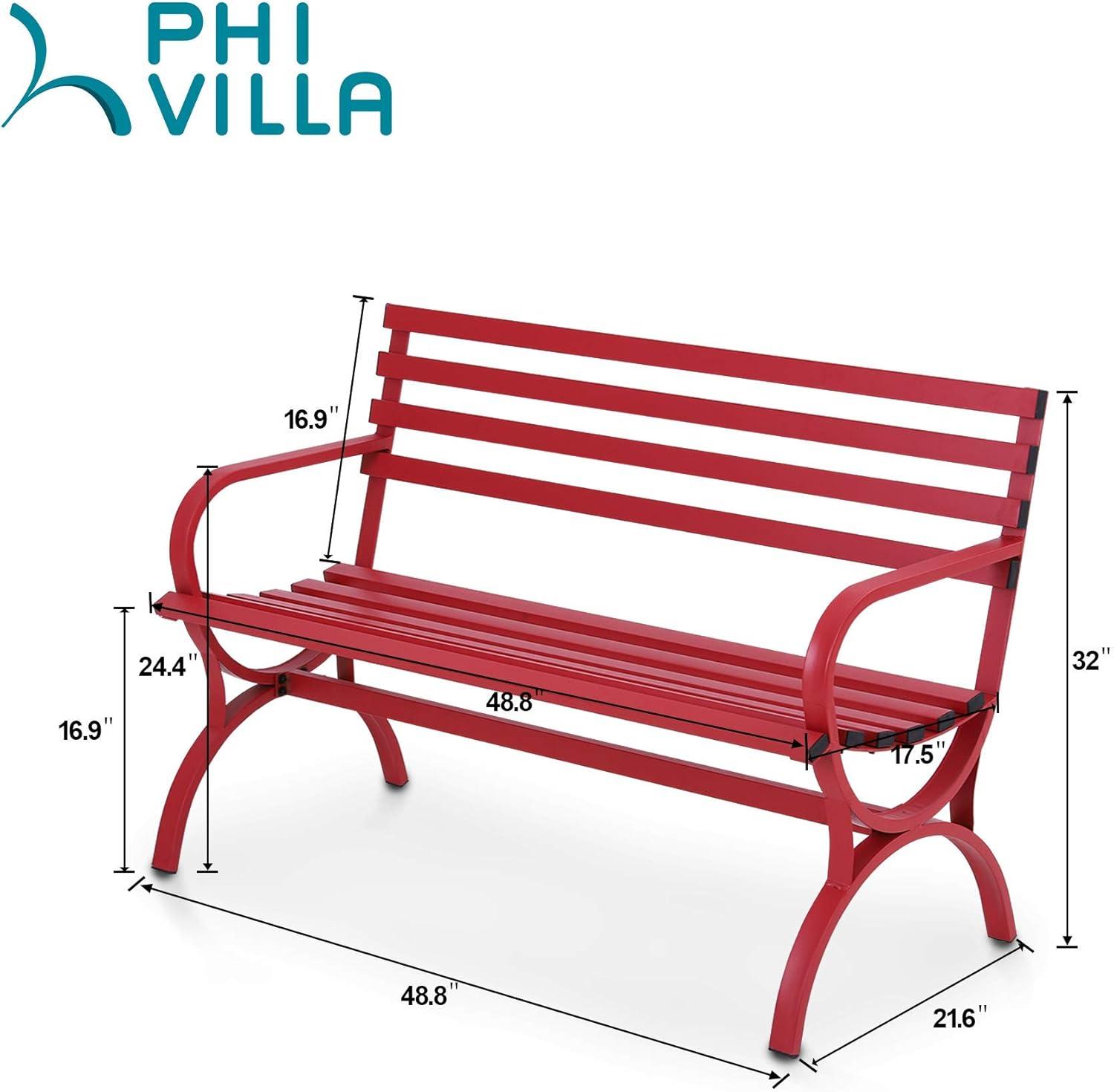 PHI VILLA Outdoor Garden Bench, 48” Long Metal Steel Bench with Backrest and Armrests, Modern Slatted Design for Patio, Lawn, Yard, Porch - Red