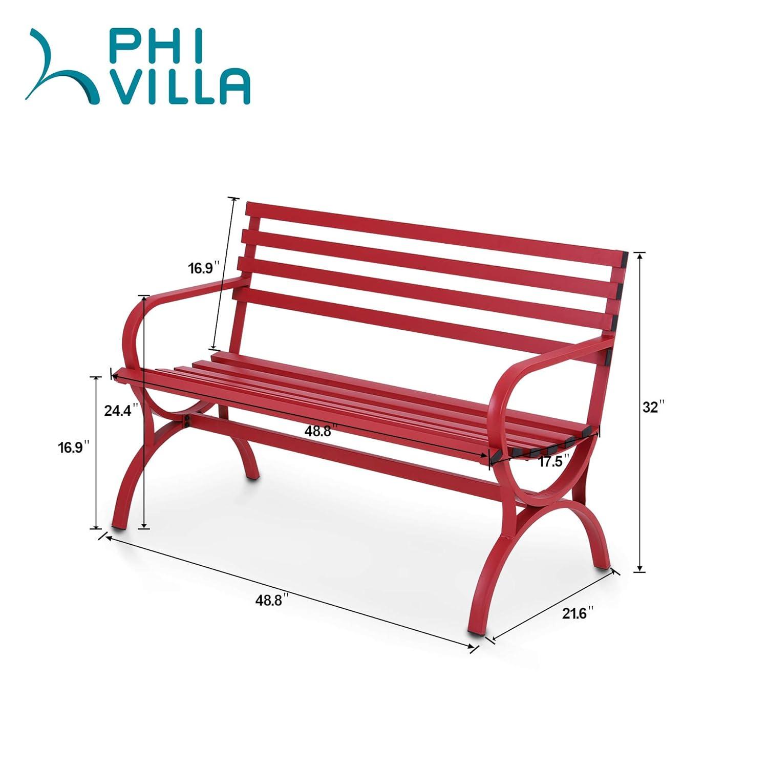 PHI VILLA Outdoor Garden Bench, 48” Long Metal Steel Bench with Backrest and Armrests, Modern Slatted Design for Patio, Lawn, Yard, Porch - Red