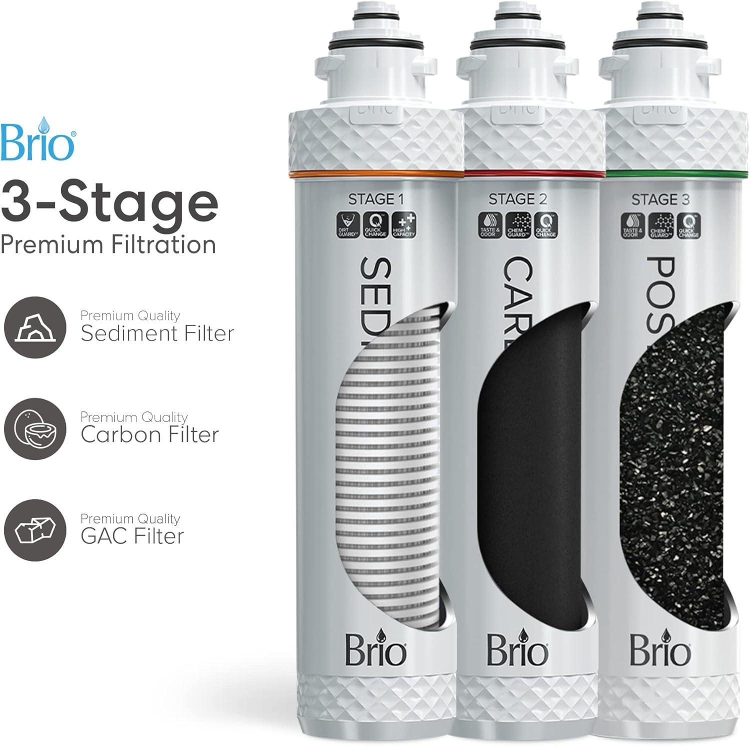 Brio 3 Stage Under Sink Filtration System, 950-Gallon Capacity Sediment and Carbon Filters Included