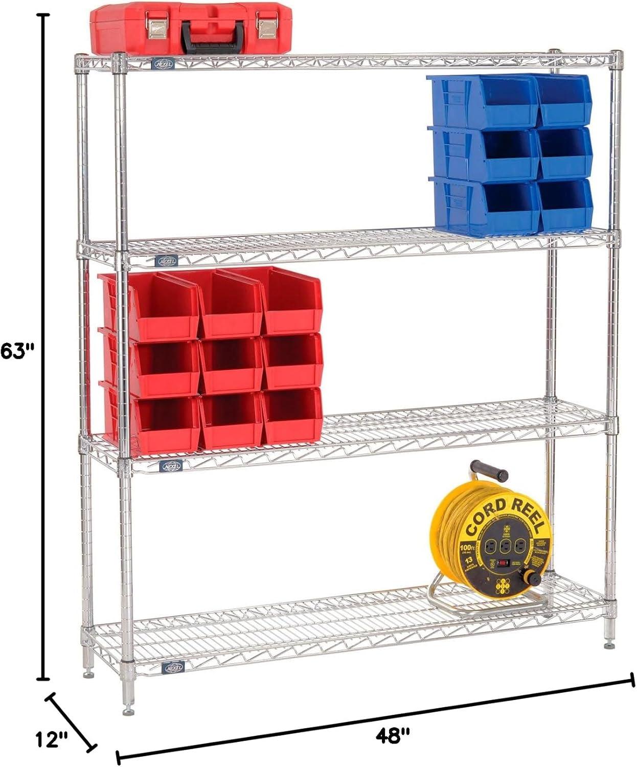 Nexel 4-Tier Chrome Wire Shelving Unit, 48"W x 12"D x 63"H