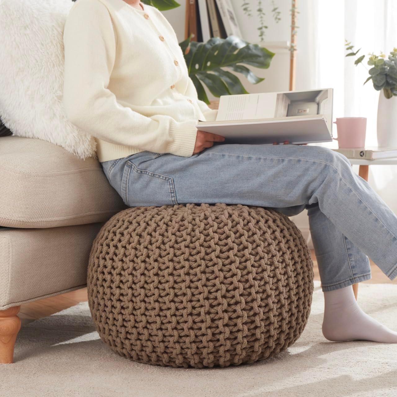 Ornavo Home Cotton Classic Braid Pouf Ottoman - 15" x 18.5" - White