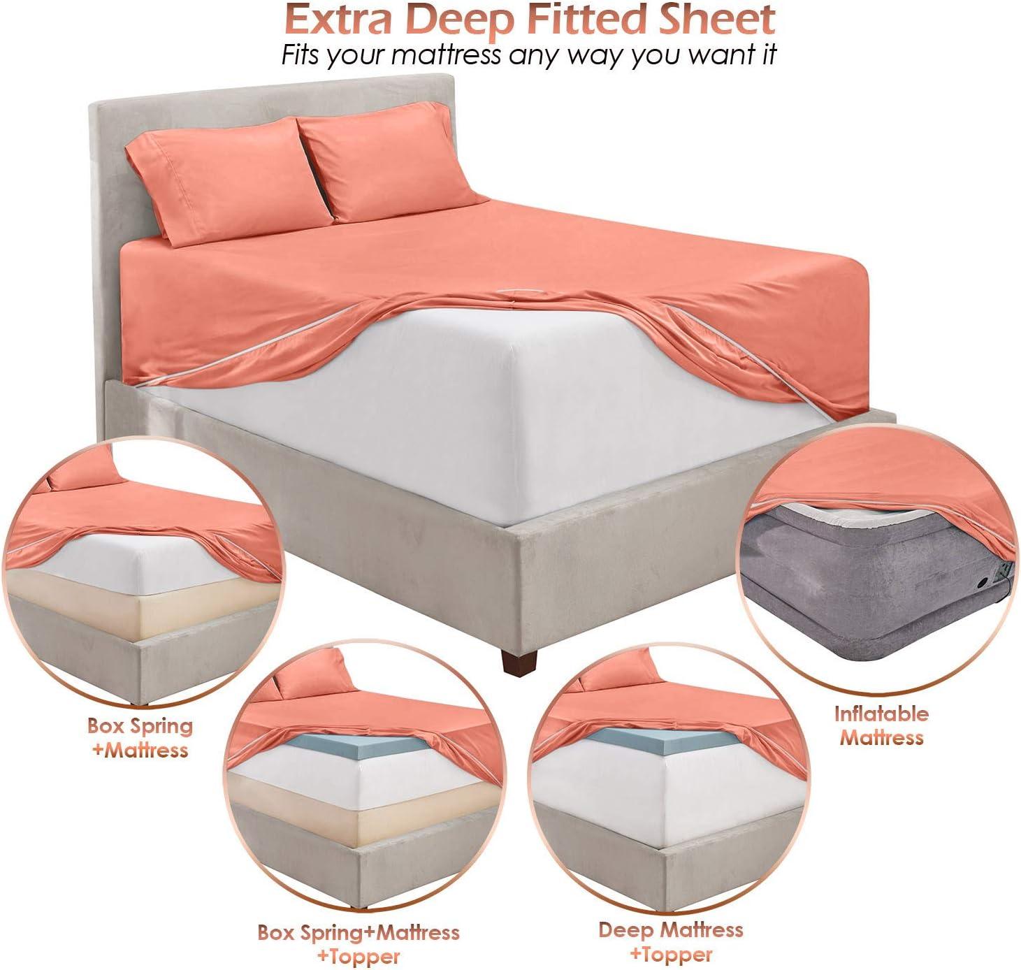 Extra Deep Pocket 6 Piece Bed Sheet Set – Super Deep Fitted Sheet Fits Mattress from 18-24 inces Depth – Double Brushed Microfiber Sheets with 4 Pillow Cases, Queen, Misty Rose