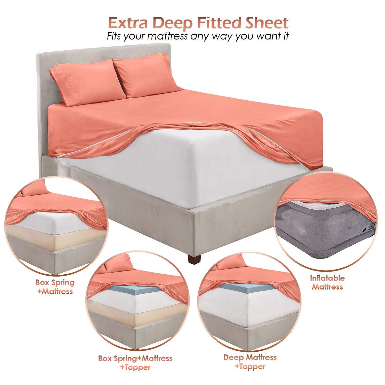 Extra Deep Pocket 6 Piece Bed Sheet Set – Super Deep Fitted Sheet Fits Mattress from 18-24 inces Depth – Double Brushed Microfiber Sheets with 4 Pillow Cases, Queen, Misty Rose