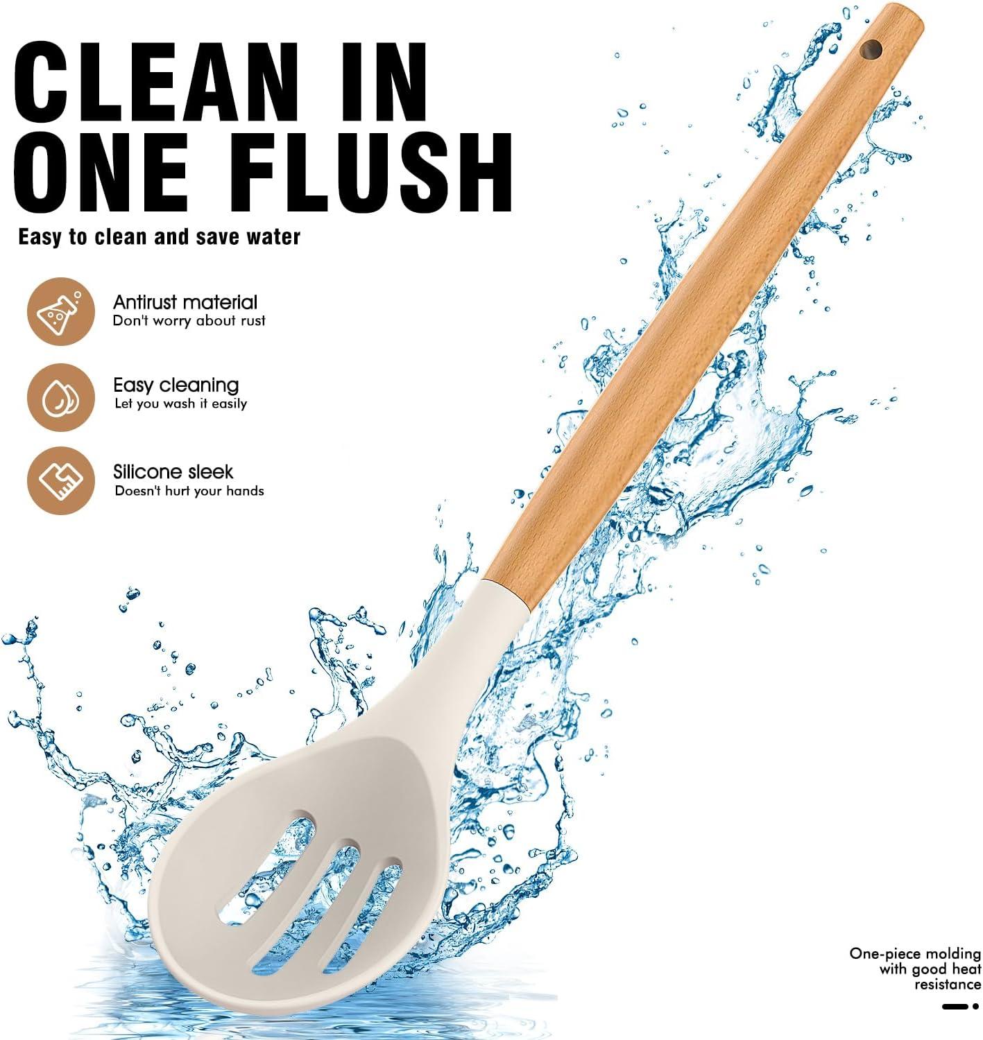 FAST APPLIANCES LLC Silicone Cooking Utensils Set - Silicone Kitchen Utensils For Cooking Wooden Handles, 446°F Heat Resistant Kitchen Utensil Spatula Sets W Holder, Gadgets For Non-Stick Cookware BPA FREE (Cream White)