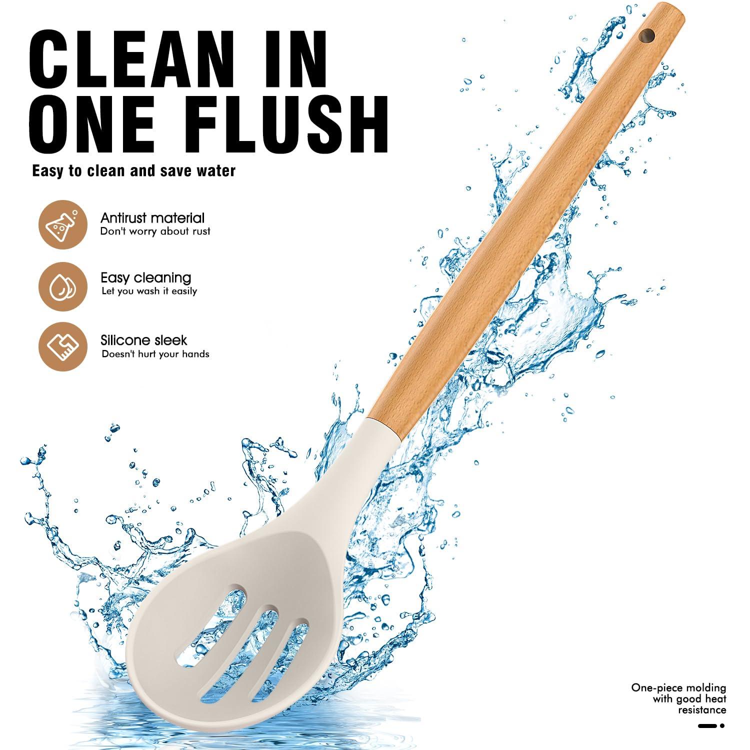 FAST APPLIANCES LLC Silicone Cooking Utensils Set - Silicone Kitchen Utensils For Cooking Wooden Handles, 446°F Heat Resistant Kitchen Utensil Spatula Sets W Holder, Gadgets For Non-Stick Cookware BPA FREE (Cream White)