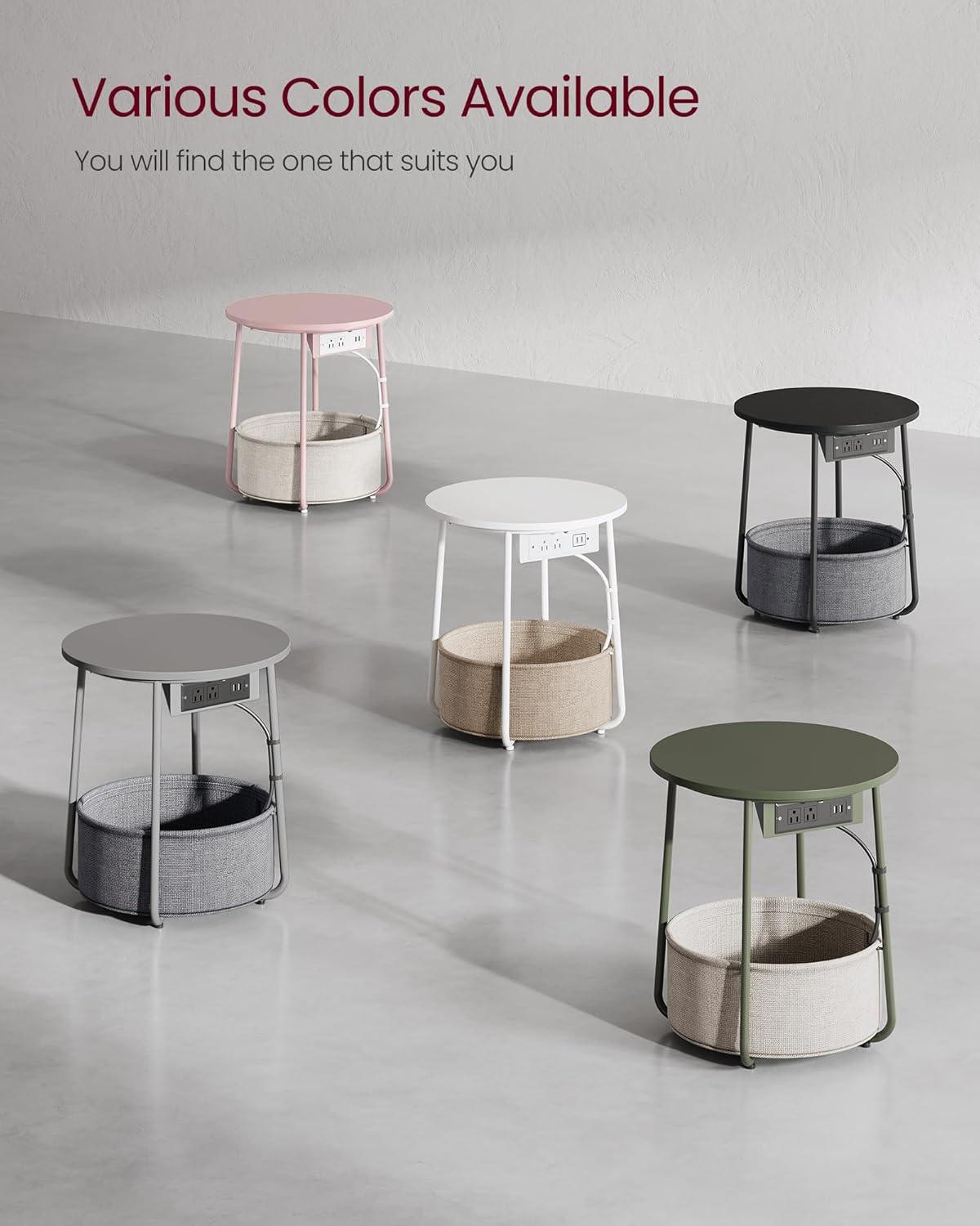 VASAGLE Side Table with Charging Station, Round End Table With Fabric Basket, Nightstand with Power Outlets USB Ports, for Living Room, Bedroom, Modern, Dove Gray and Slate Gray ULET228G01