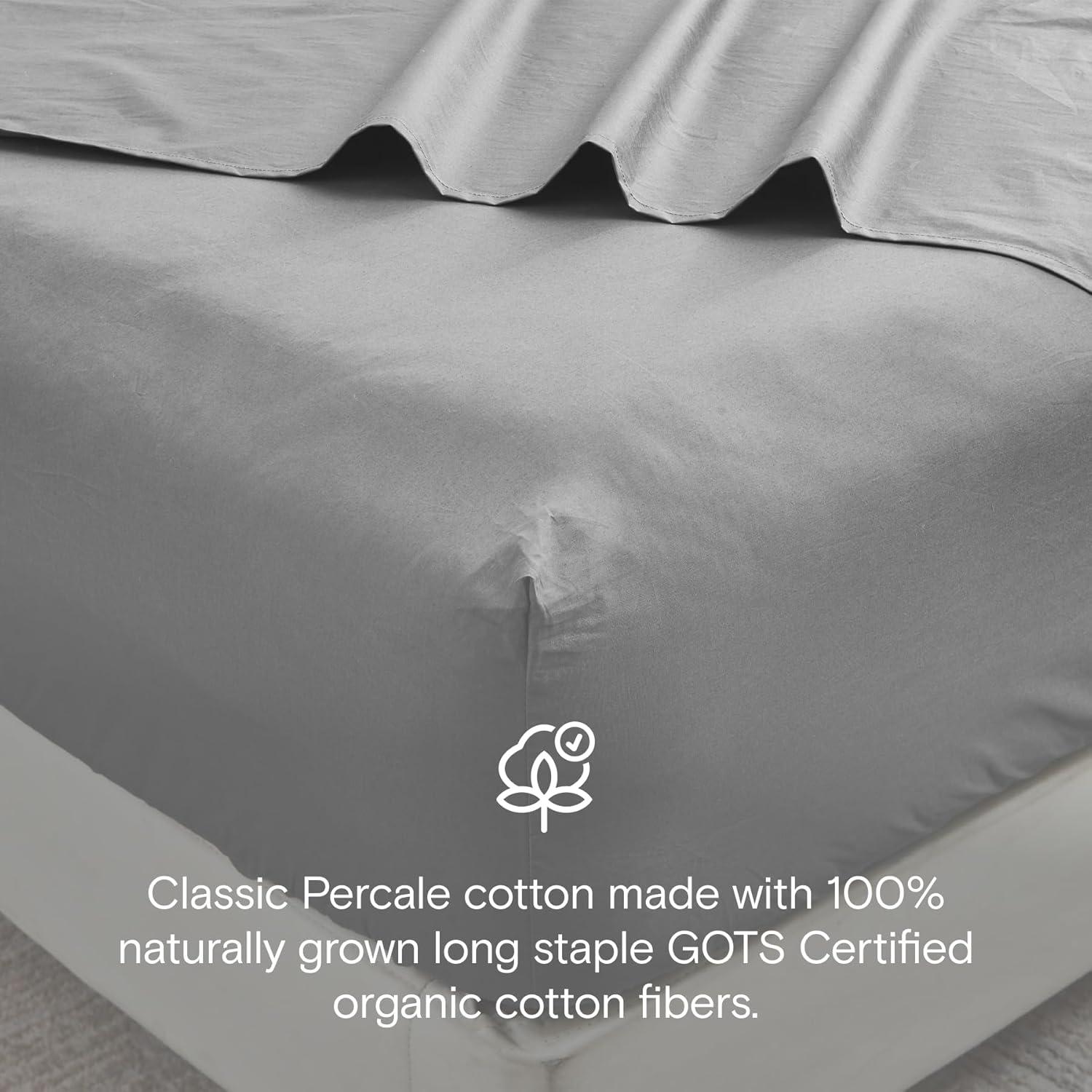 DOZ 100% GOTS Organic Percale Sheet Set, Crisp Cool, Long Staple, Breathable, Durable Storm Queen