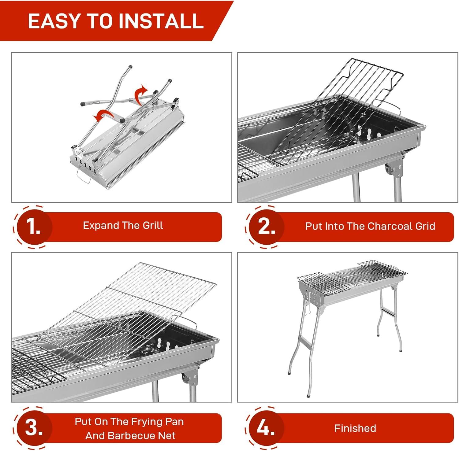 Portable Charcoal Grill, 28x 13 x 27" Foldable Barbecue Grill, Stainless Steel BBQ Grill for Outdoor Cooking Camping Hiking Picnic Garden Beach Party